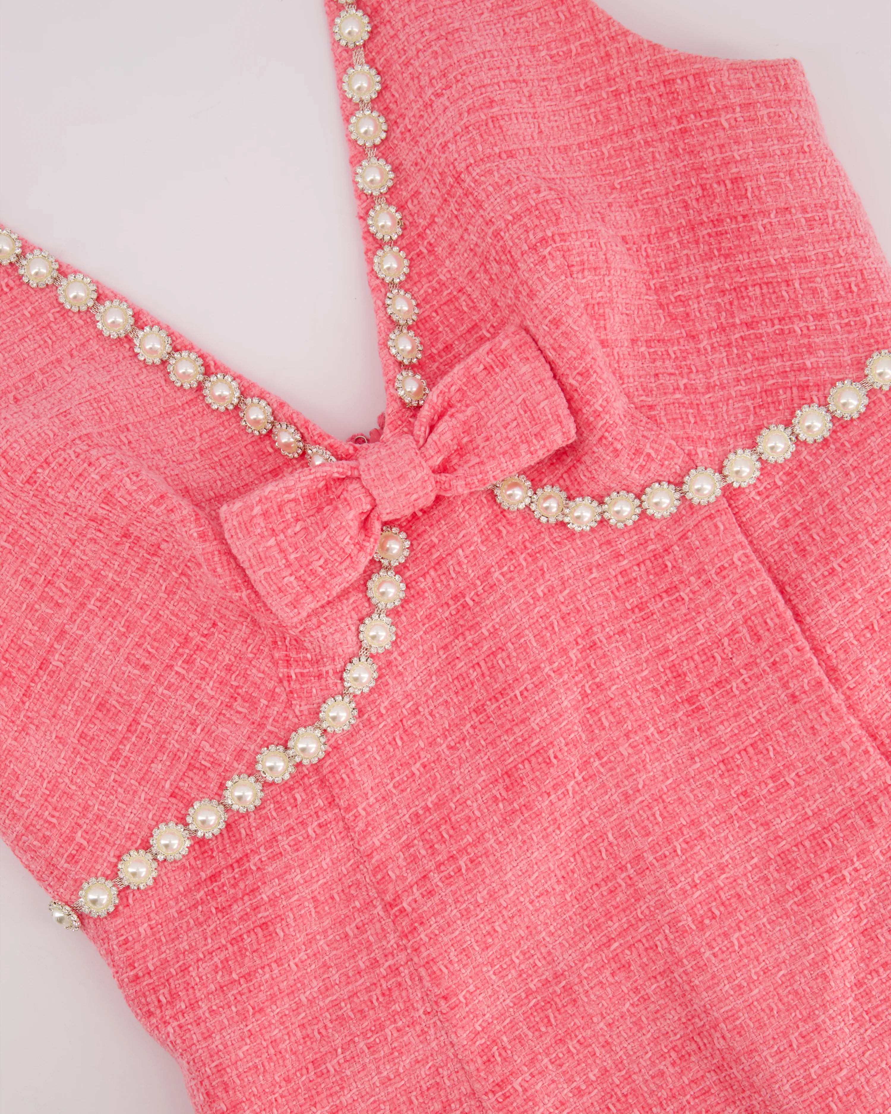 Self-Portrait Pink Tweed Mini Dress With Pearl Embellishment Details Size (UK 8) - Image 6