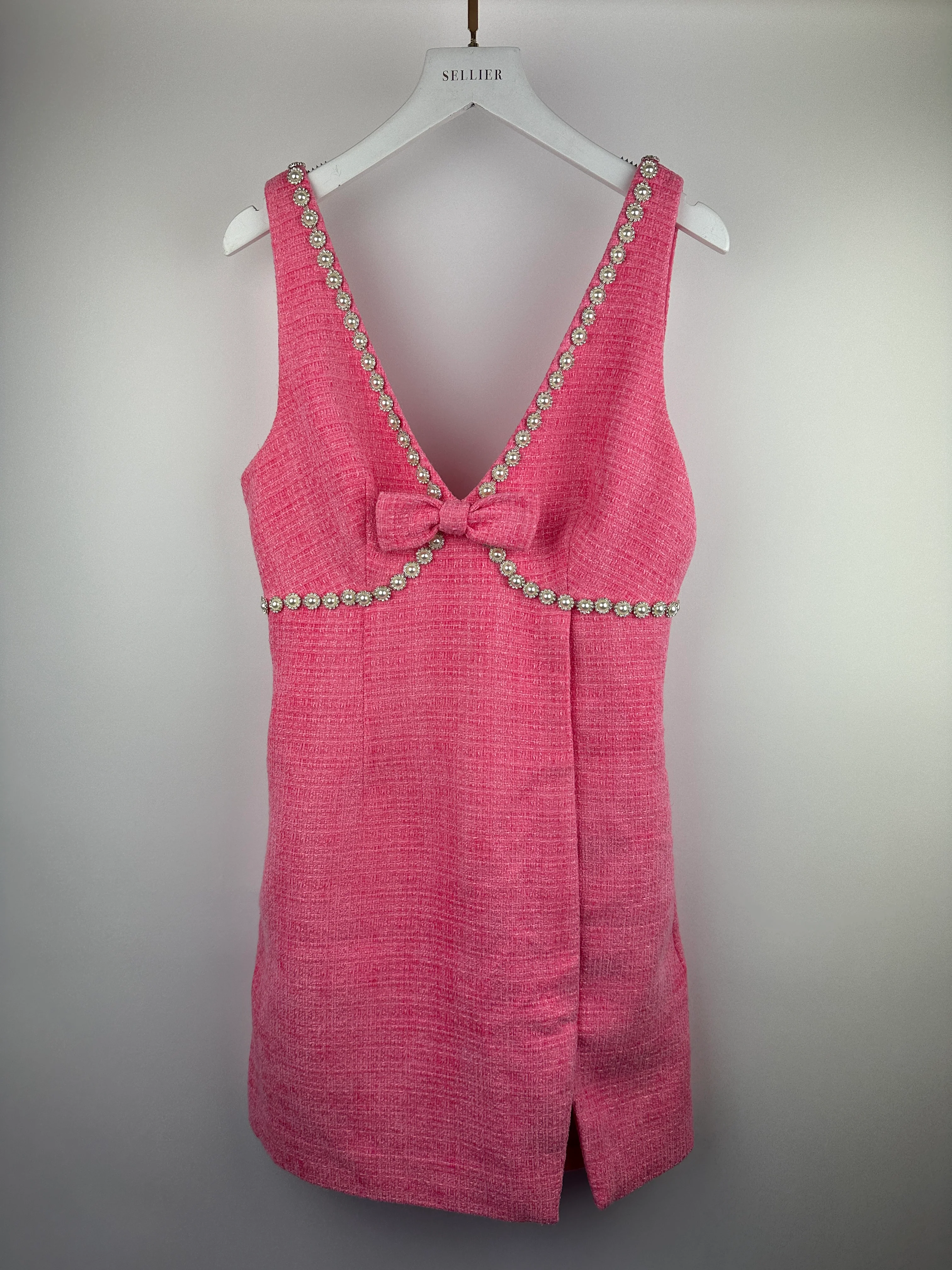 Self-Portrait Pink Tweed Mini Dress With Pearl Embellishment Details Size (UK 8) - Image 8