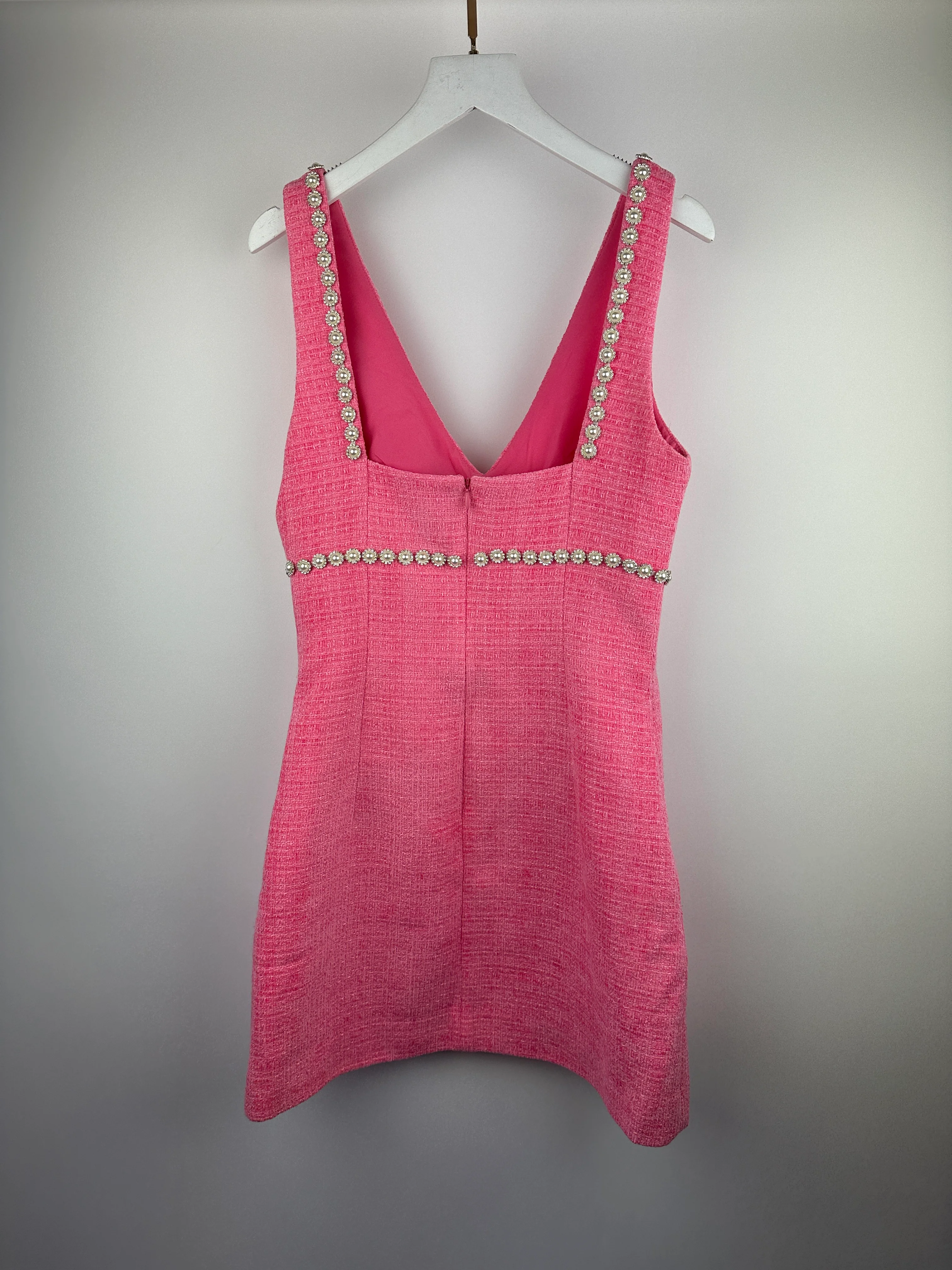 Self-Portrait Pink Tweed Mini Dress With Pearl Embellishment Details Size (UK 8) - Image 9