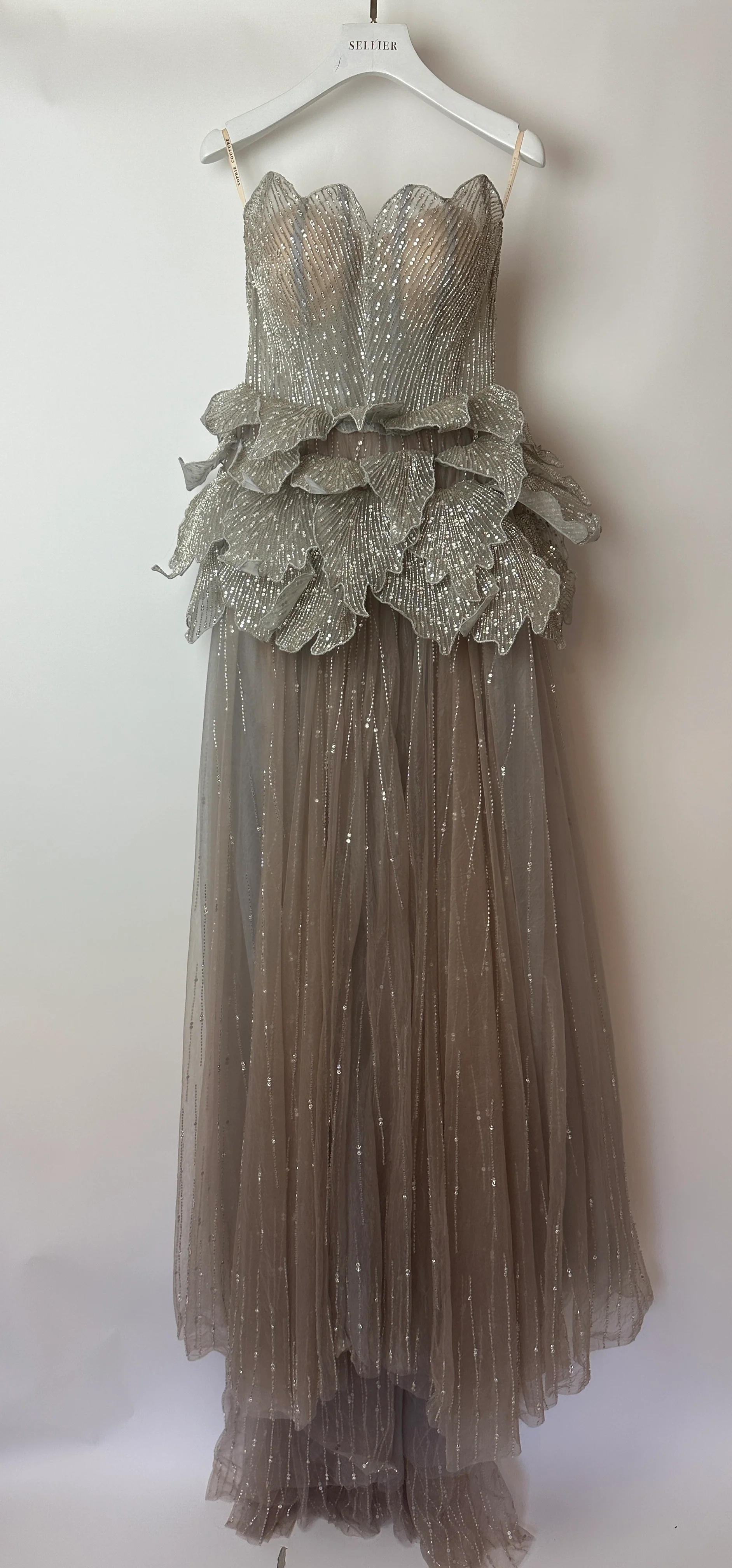Sophie Couture Light Grey Hand Beaded Strapless Bodice Gown with Silver Leaf Embellishments  IT 40 (UK 8) - Image 10