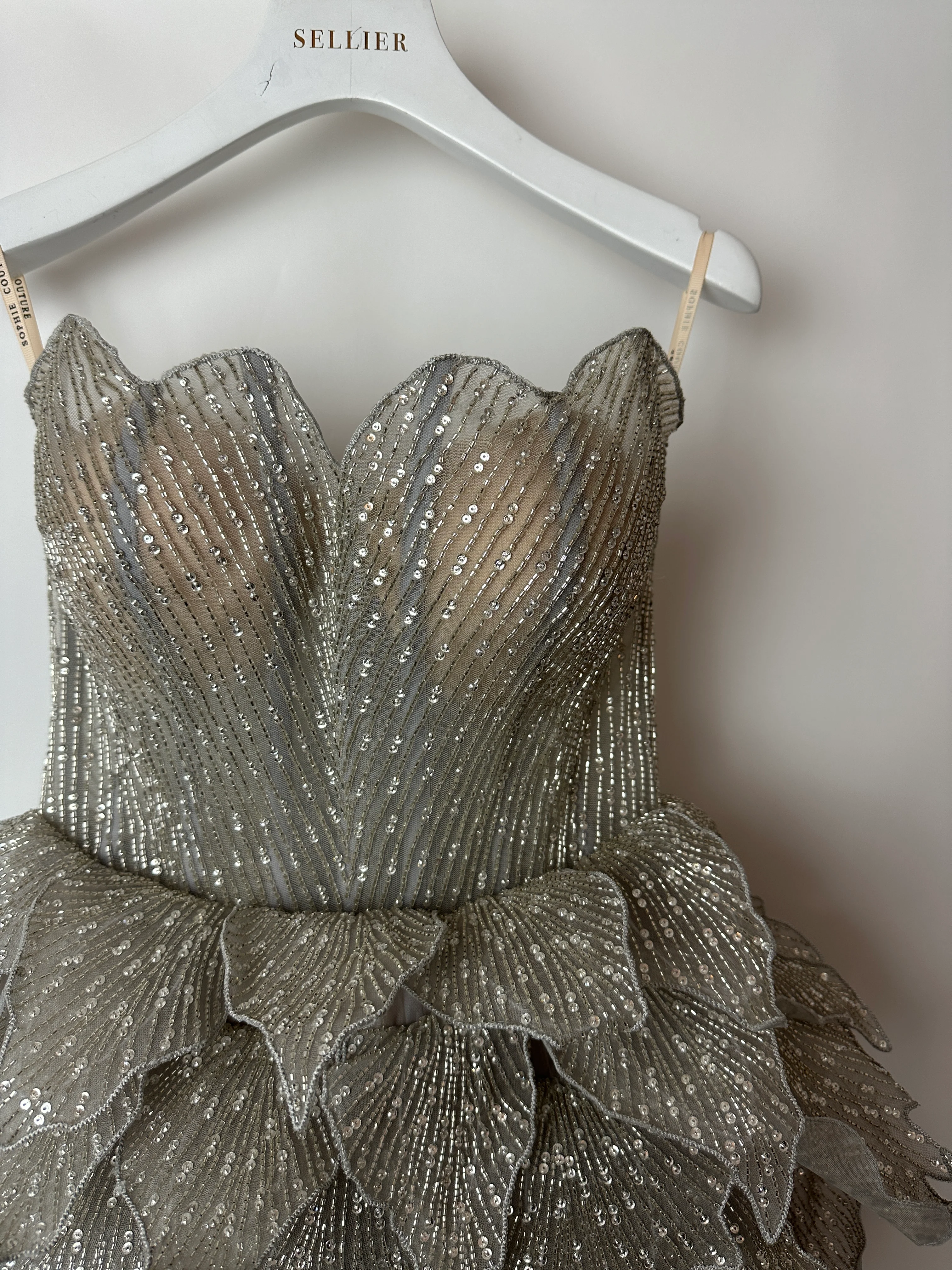 Sophie Couture Light Grey Hand Beaded Strapless Bodice Gown with Silver Leaf Embellishments  IT 40 (UK 8) - Image 11