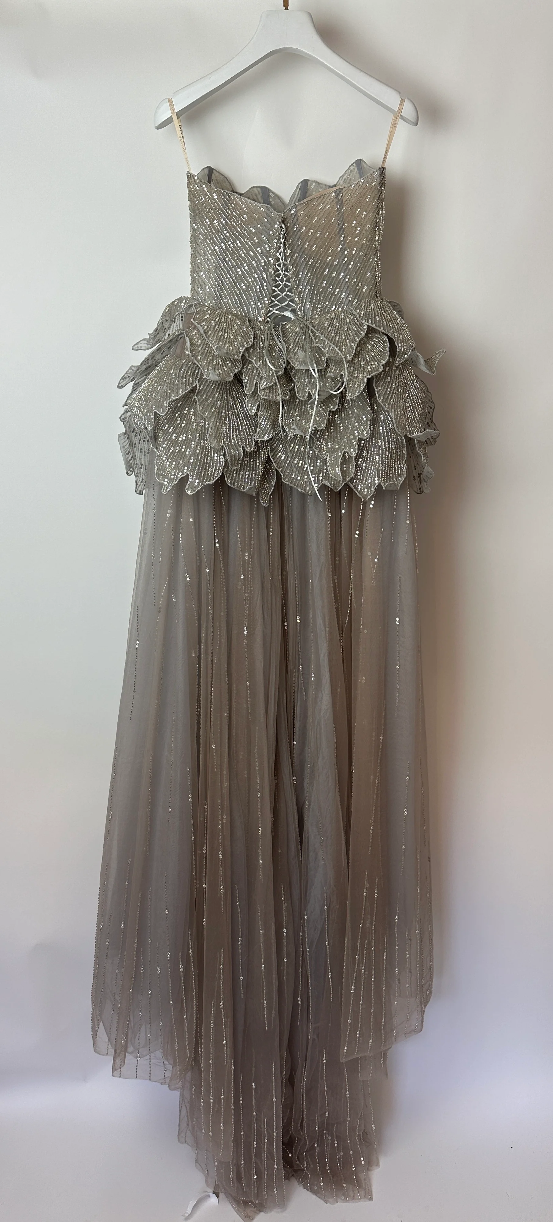 Sophie Couture Light Grey Hand Beaded Strapless Bodice Gown with Silver Leaf Embellishments  IT 40 (UK 8) - Image 12