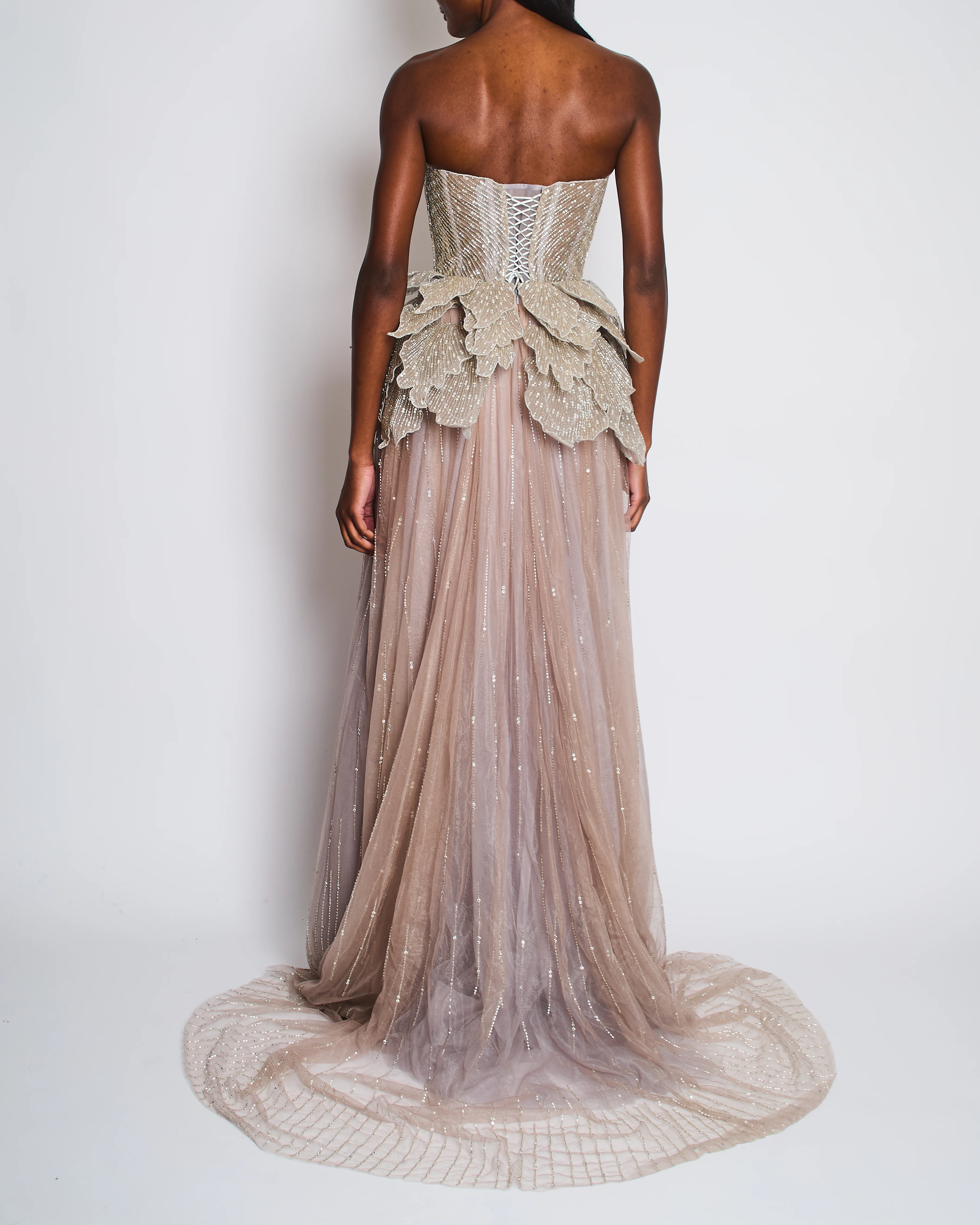 Sophie Couture Light Grey Hand Beaded Strapless Bodice Gown with Silver Leaf Embellishments  IT 40 (UK 8) - Image 2