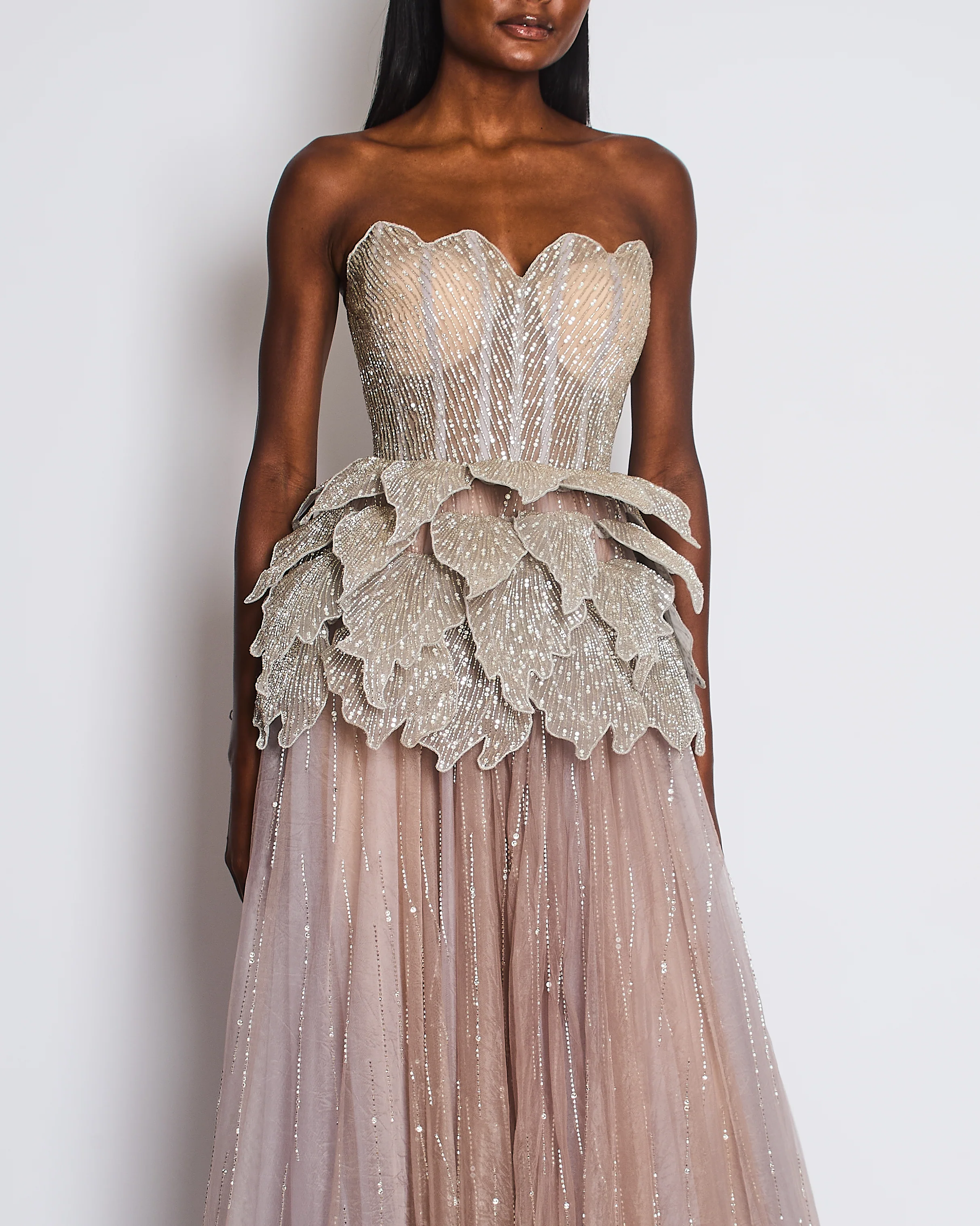 Sophie Couture Light Grey Hand Beaded Strapless Bodice Gown with Silver Leaf Embellishments  IT 40 (UK 8) - Image 3