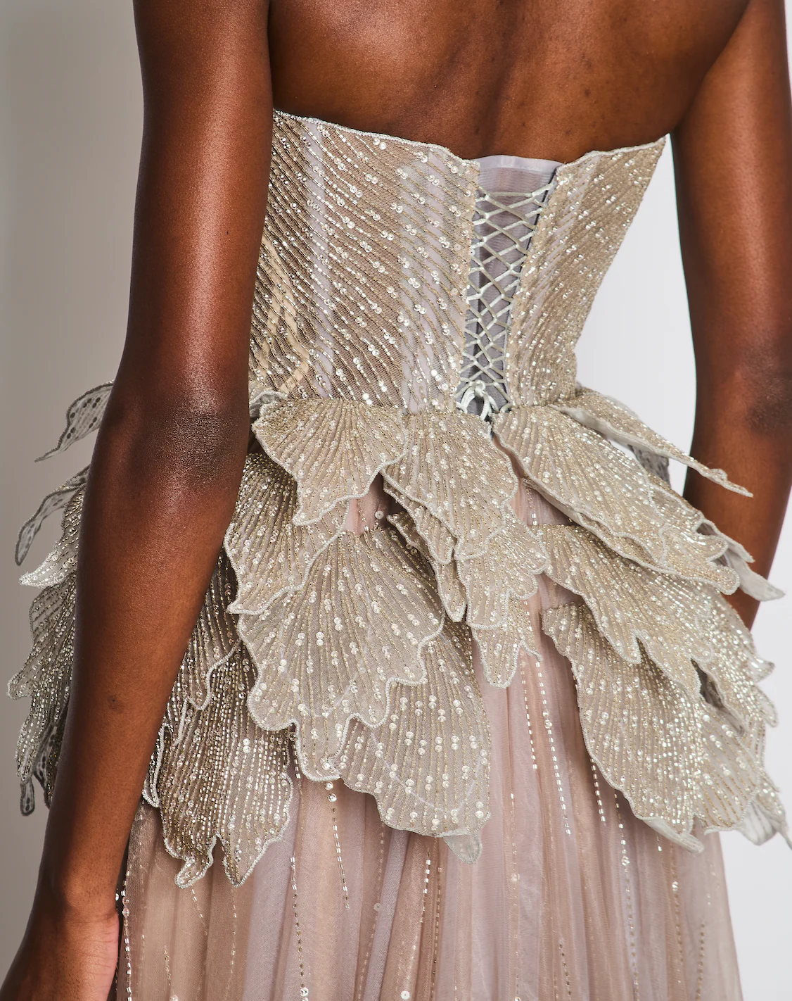 Sophie Couture Light Grey Hand Beaded Strapless Bodice Gown with Silver Leaf Embellishments  IT 40 (UK 8) - Image 5