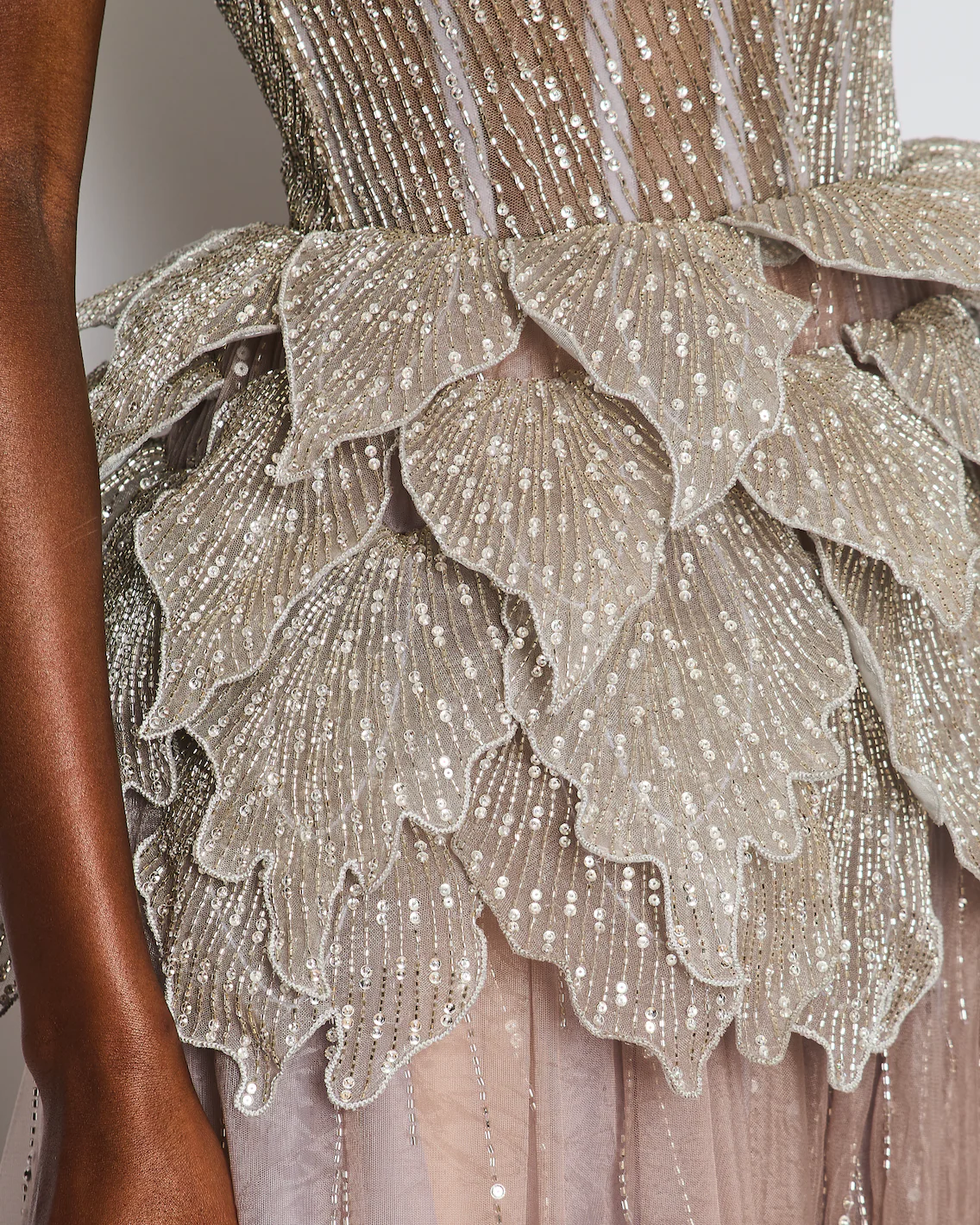 Sophie Couture Light Grey Hand Beaded Strapless Bodice Gown with Silver Leaf Embellishments  IT 40 (UK 8) - Image 6