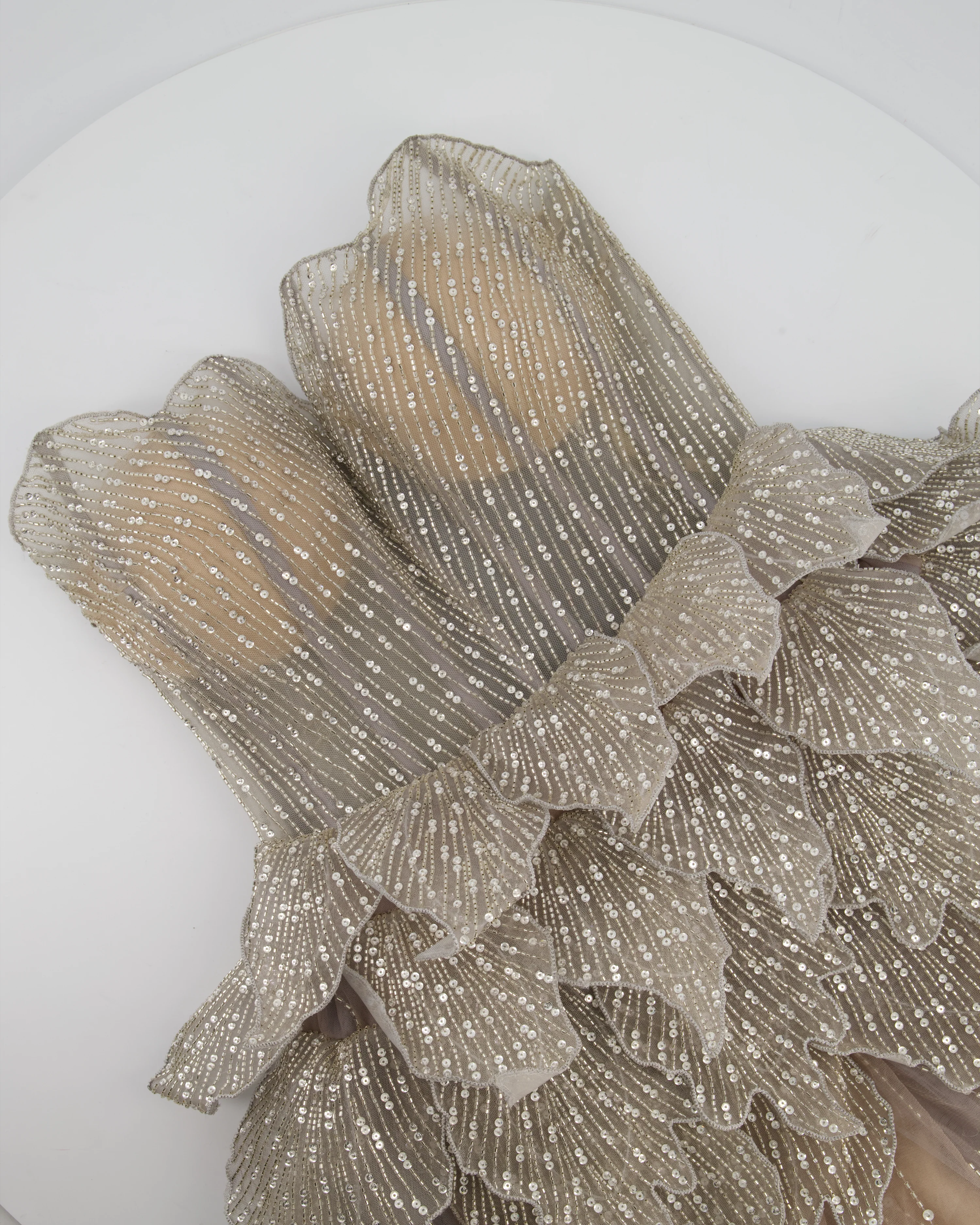Sophie Couture Light Grey Hand Beaded Strapless Bodice Gown with Silver Leaf Embellishments  IT 40 (UK 8) - Image 7