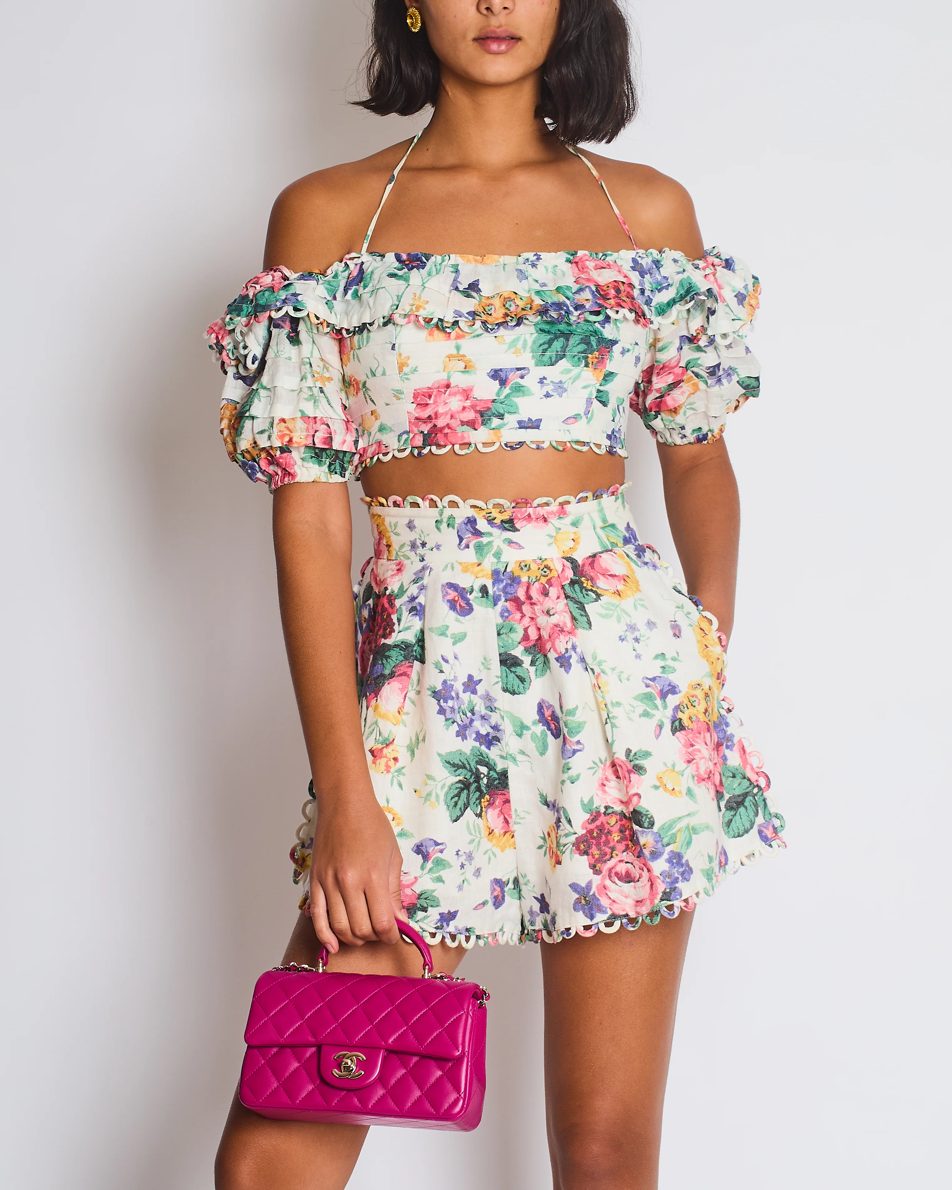 Zimmermann White Multicoloured Floral Linen Shorts and Crop Top Set Size 0 (UK 8) - Image 2