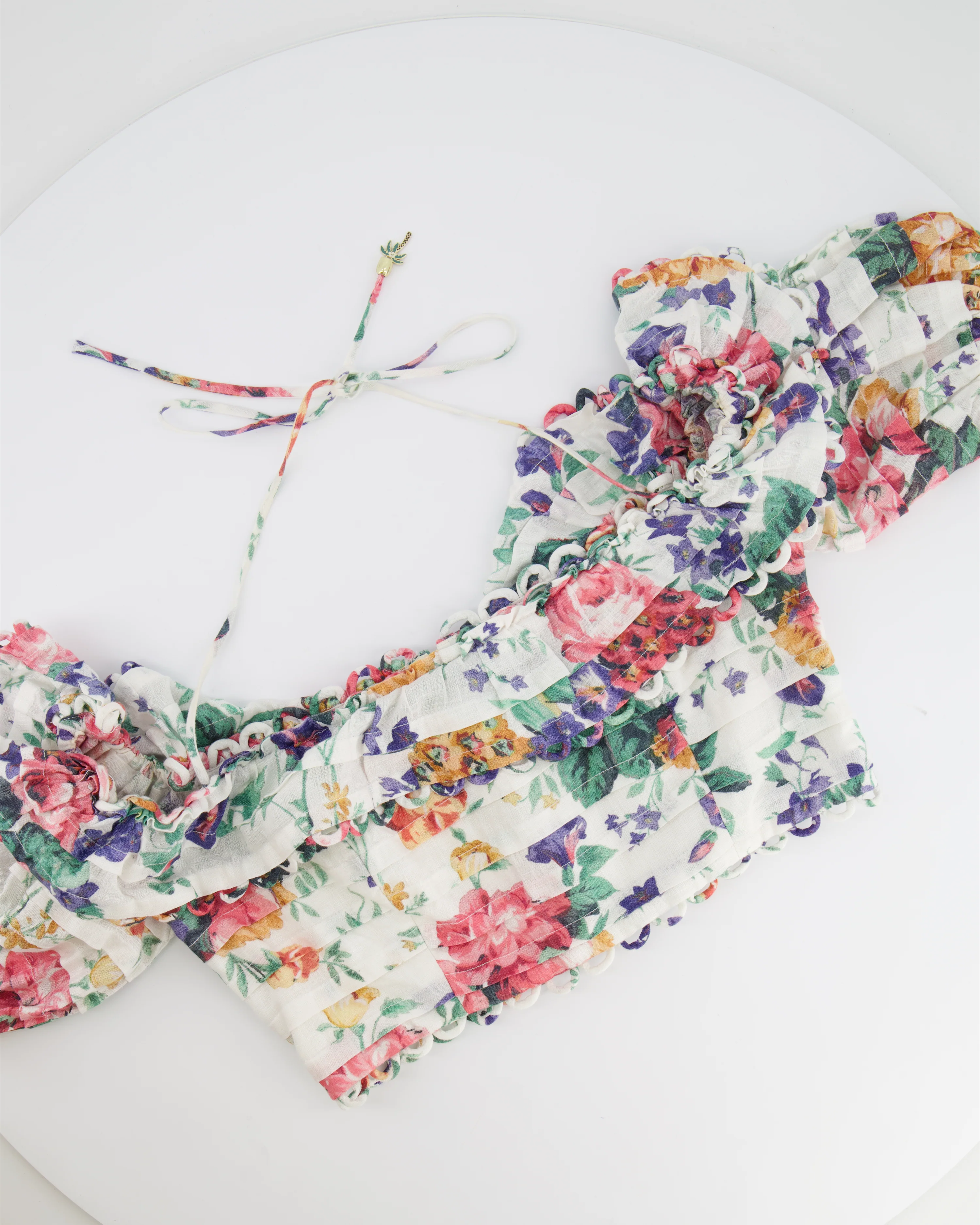 Zimmermann White Multicoloured Floral Linen Shorts and Crop Top Set Size 0 (UK 8) - Image 7