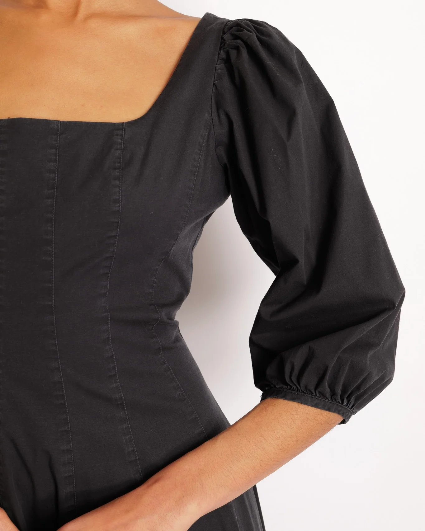 Staud Black Midi Dress with Square Neckline Detail and Puff Sleeves Size US 8 (UK 12) - Image 2