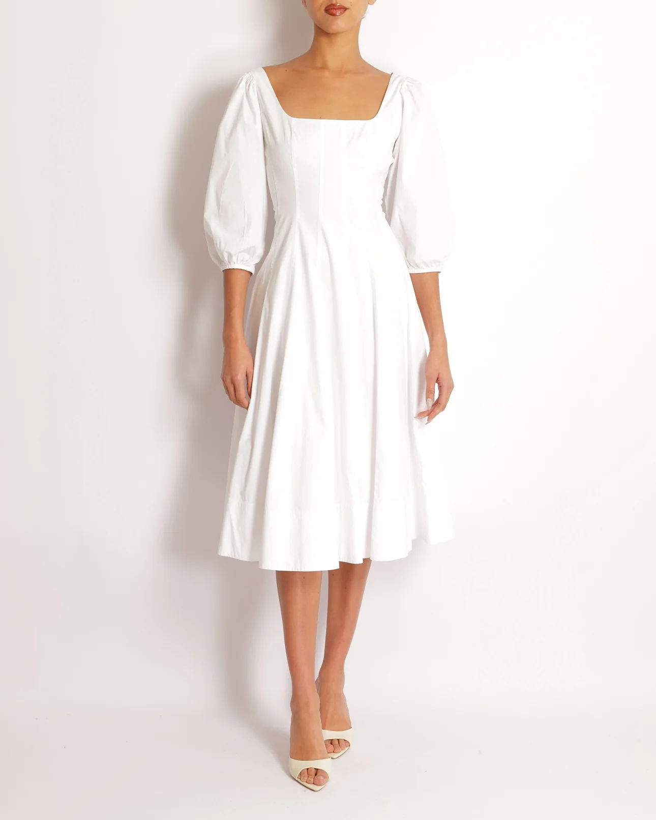 Staud White Midi Dress with Square Neckline Detail and Puff Sleeves Size US 8 (UK 12)