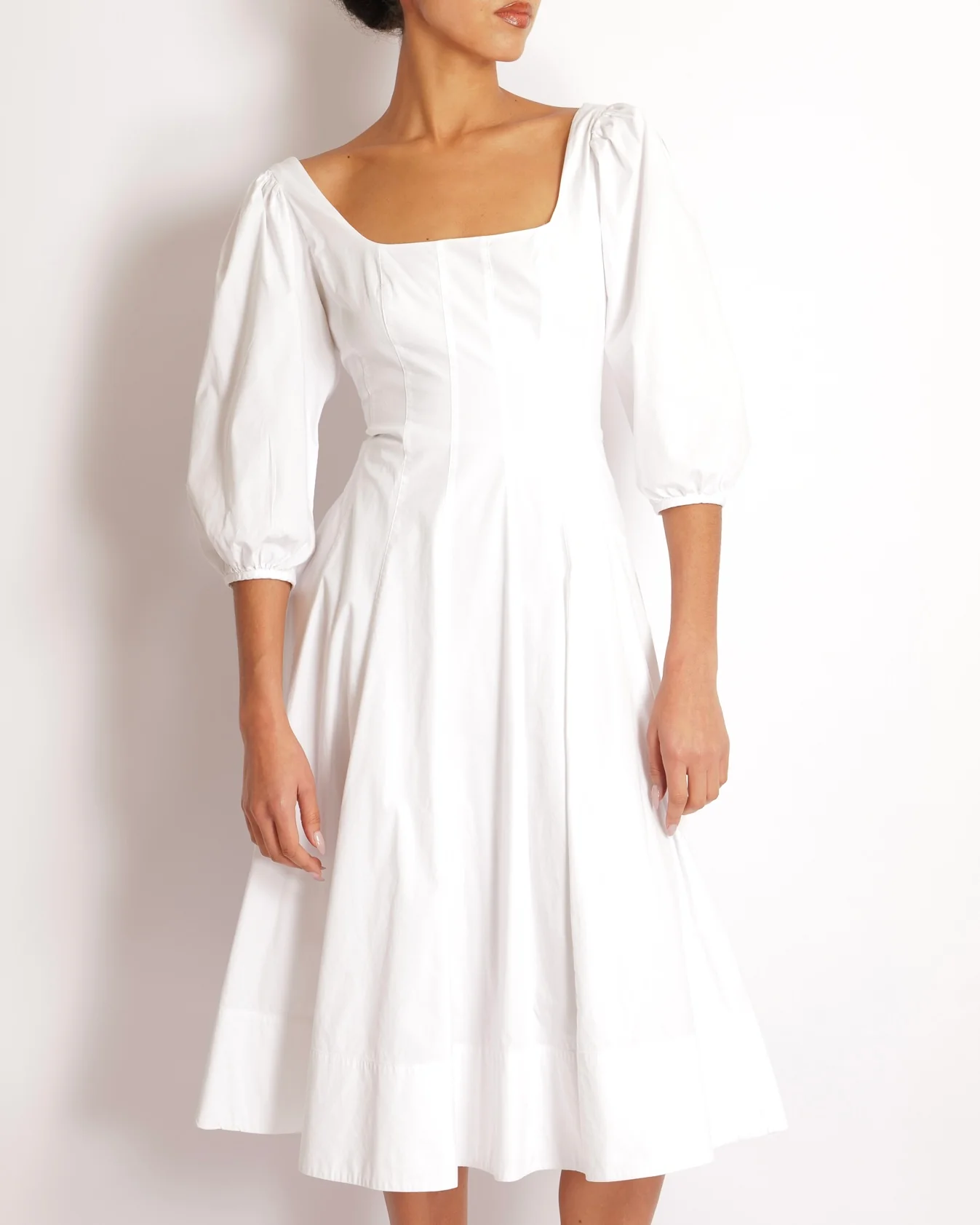 Staud White Midi Dress with Square Neckline Detail and Puff Sleeves Size US 8 (UK 12) - Image 3