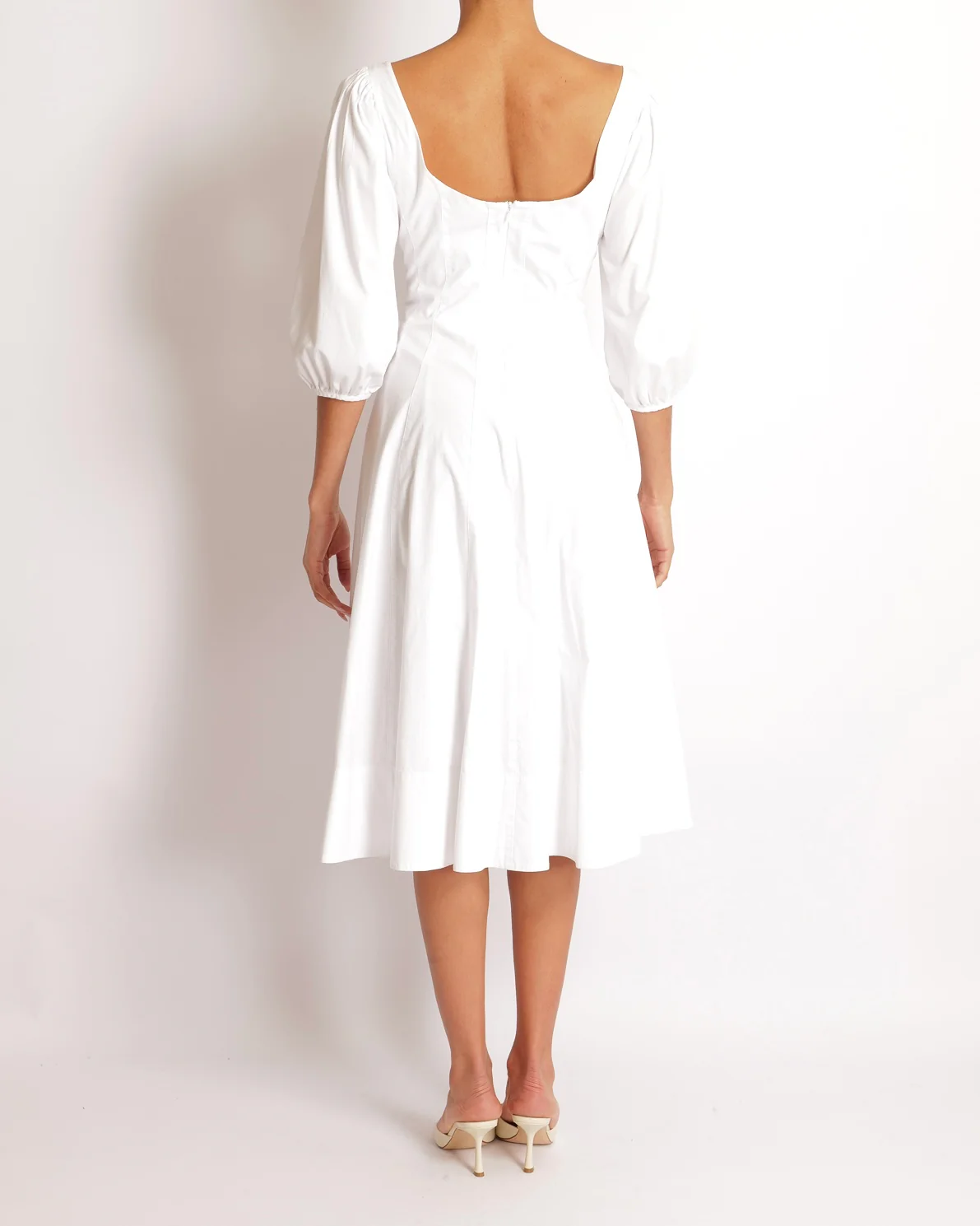 Staud White Midi Dress with Square Neckline Detail and Puff Sleeves Size US 8 (UK 12) - Image 4