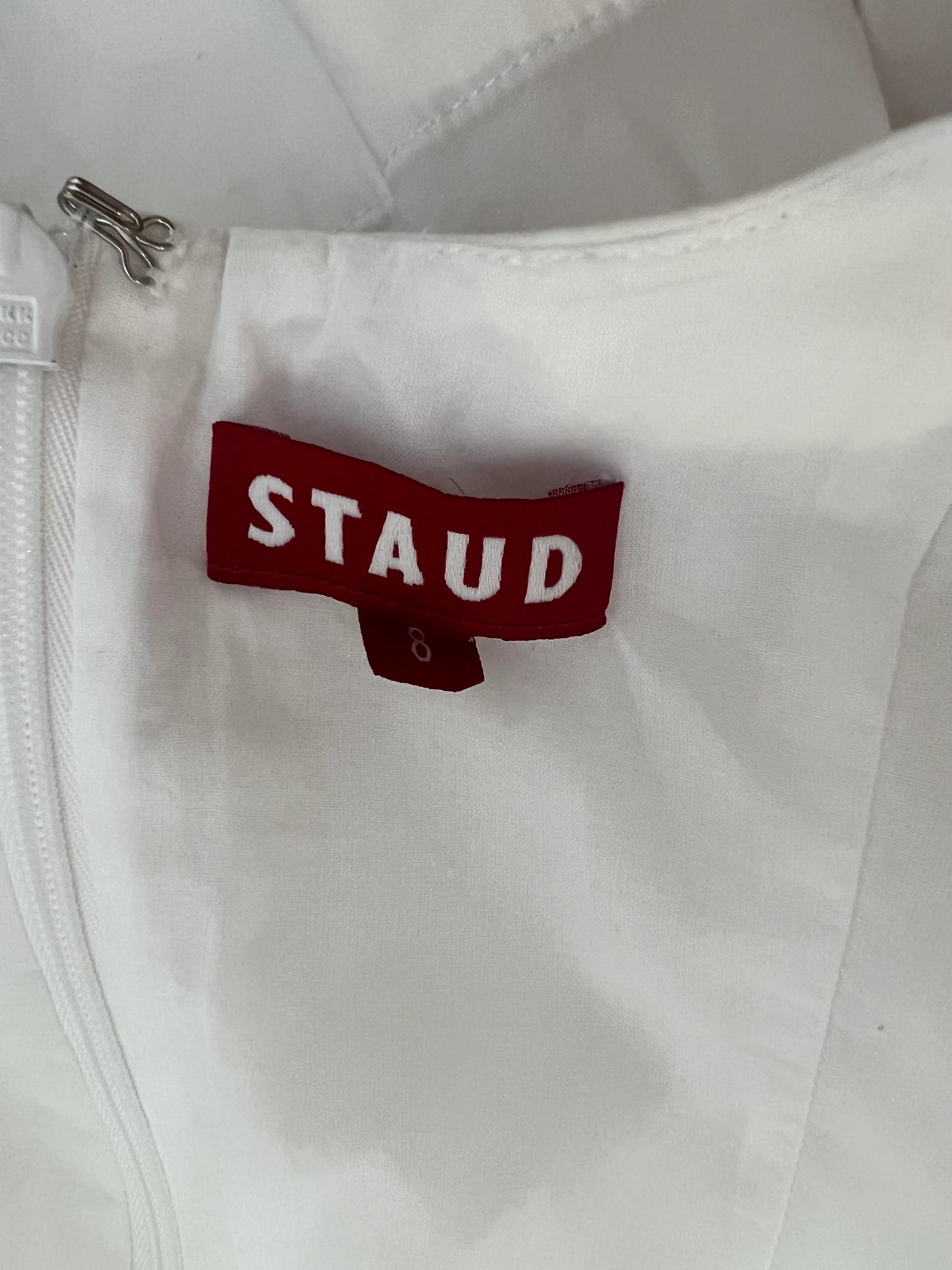 Staud White Midi Dress with Square Neckline Detail and Puff Sleeves Size US 8 (UK 12) - Image 6