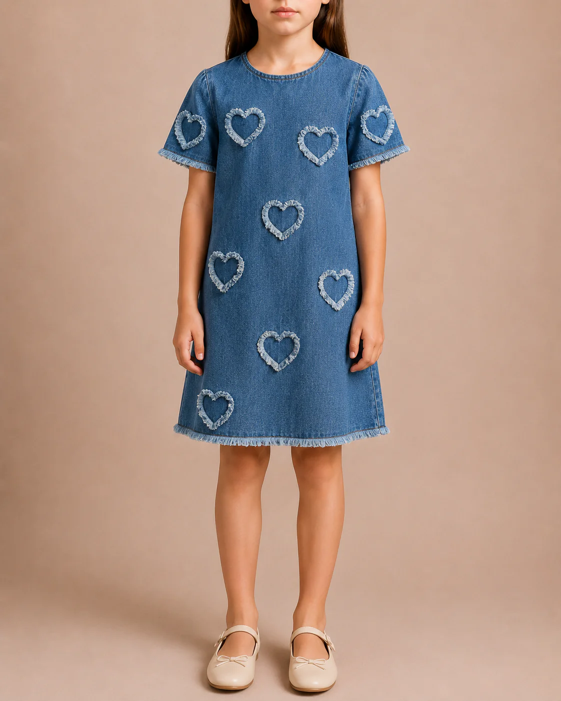 Stella McCartney Kids Light Blue Denim Short Sleeves Dress With Hearts Details Size 10 years