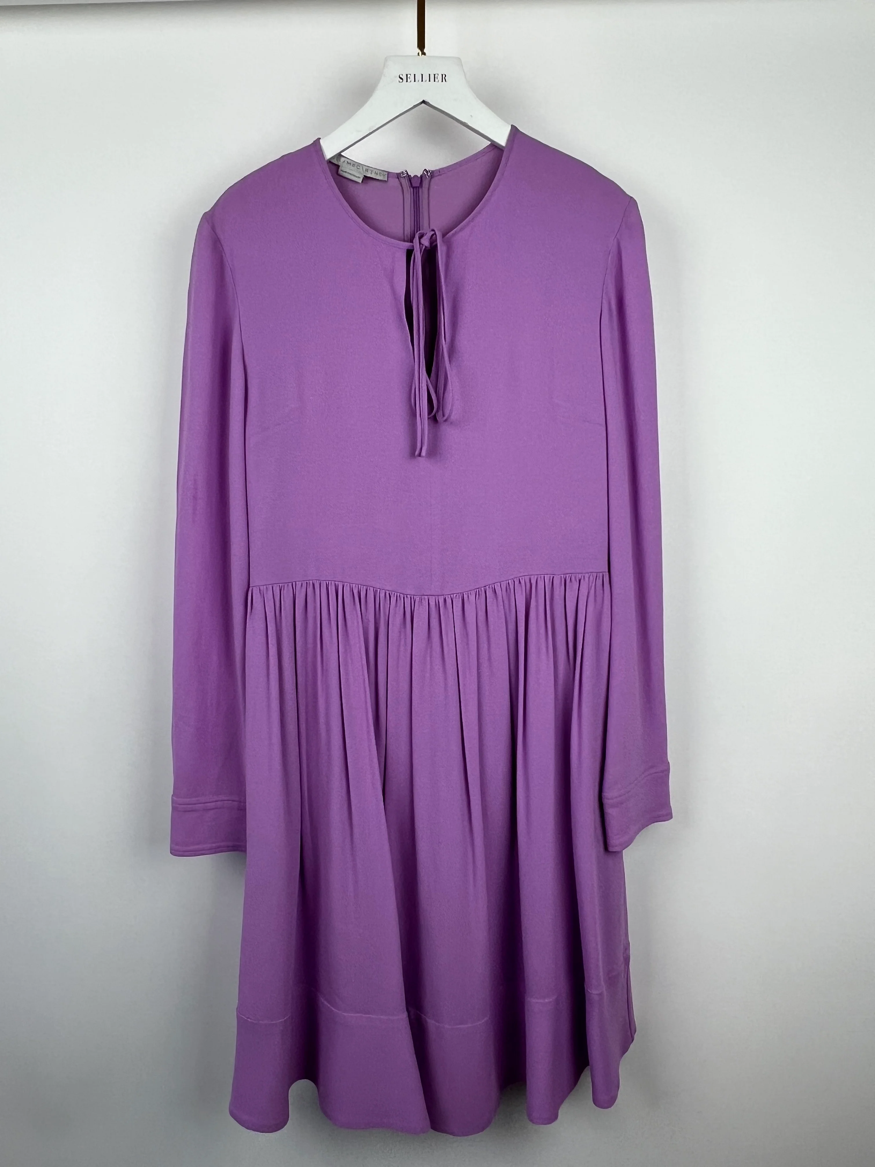 Stella McCartney Lilac Long Sleeve Pleated Waist Midi Dress with V-Neck Tie Detail Size IT 42 (UK 10) RRP £900 - Image 4