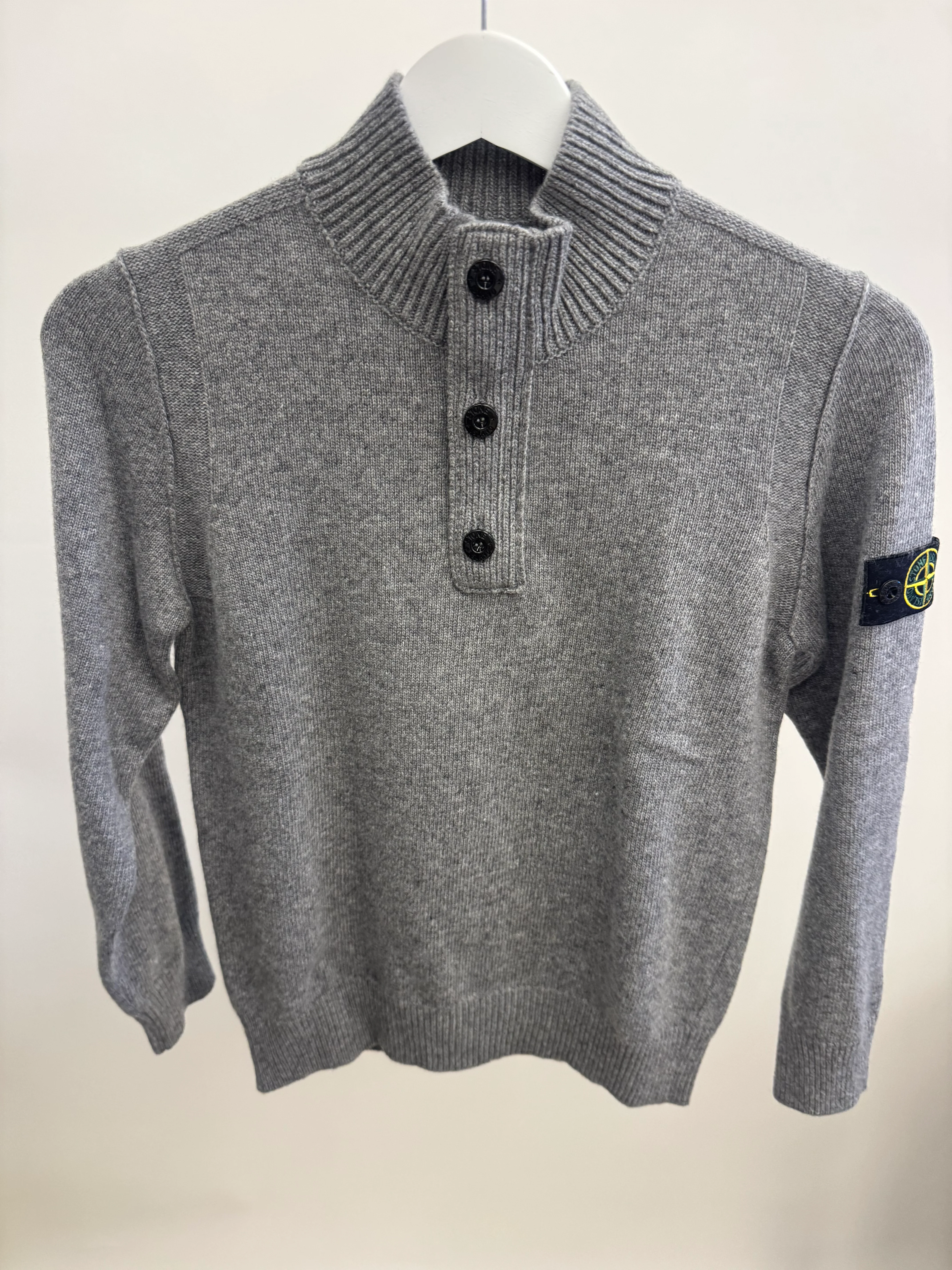 Stone Island Kids Grey Wool Jumper with Buttons and Logo Patch Size 10 years - Image 3