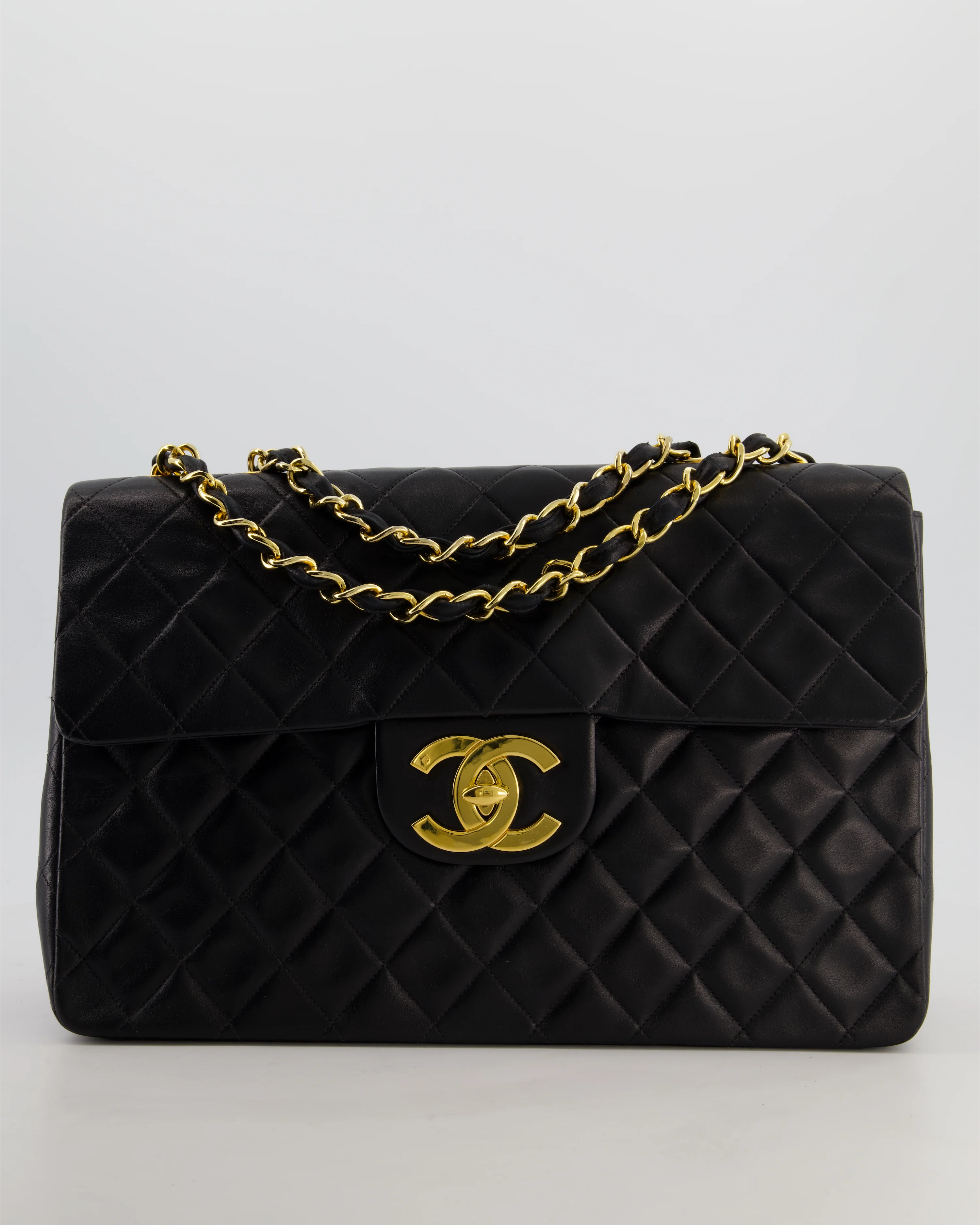 *STUNNING CONDITION* Chanel Vintage Black XL Jumbo Single Classic Flap Bag in Lambskin Leather with 24K Gold Hardware