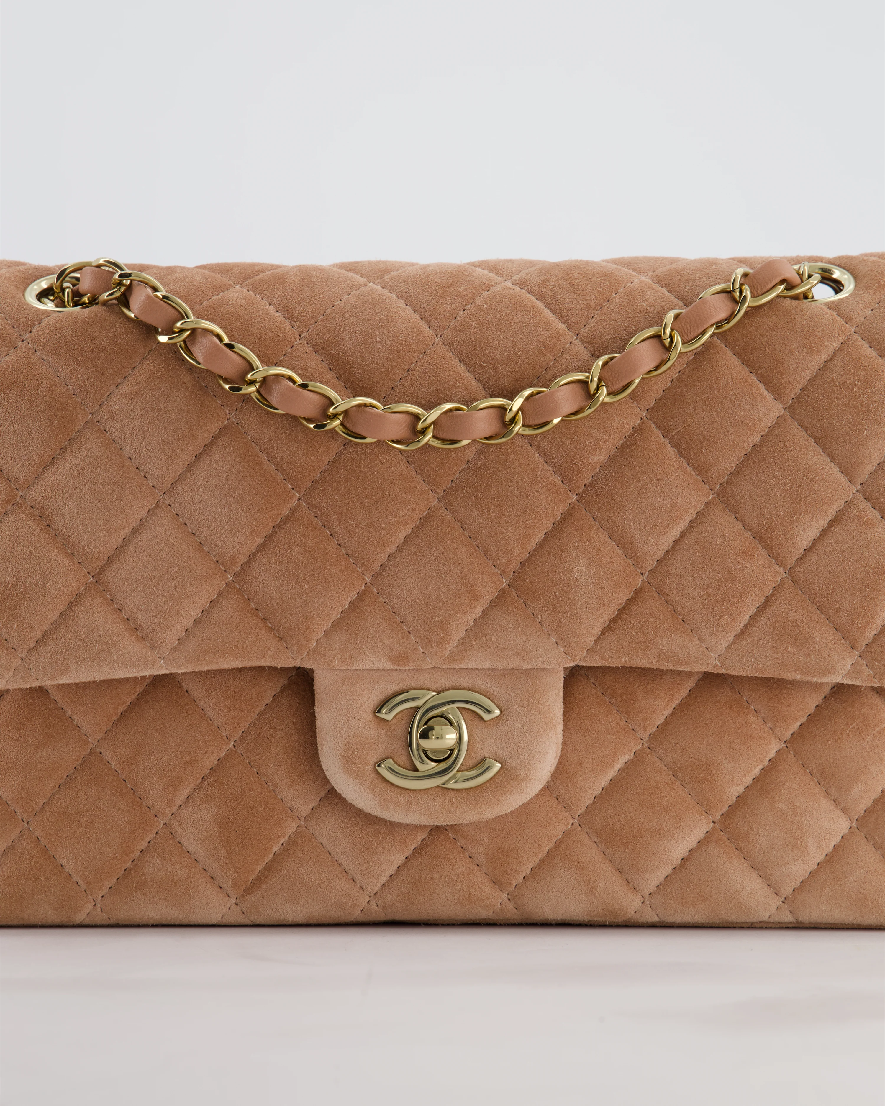 *SUPER RARE* Chanel Caramel Medium Classic Double Flap Bag in Suede Leather with Champagne Gold Hardware - Image 15