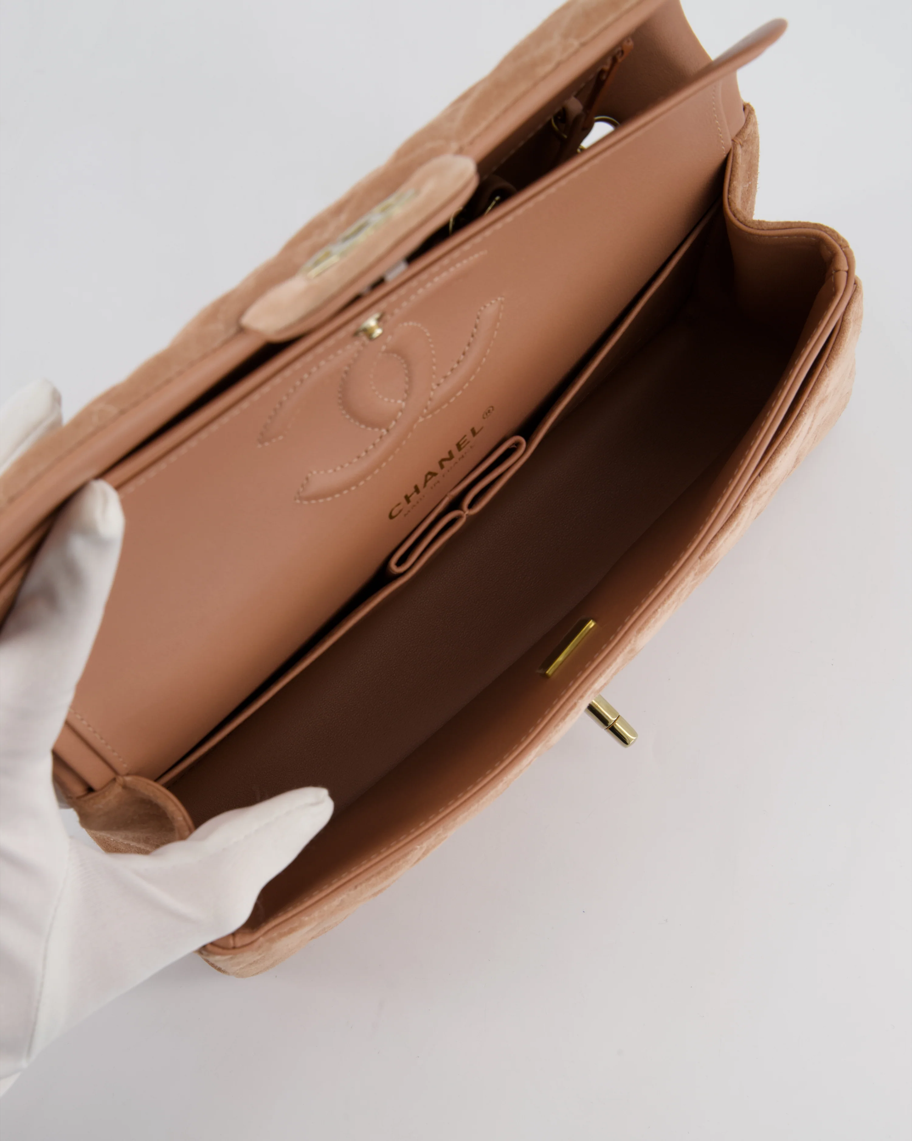 *SUPER RARE* Chanel Caramel Medium Classic Double Flap Bag in Suede Leather with Champagne Gold Hardware - Image 20