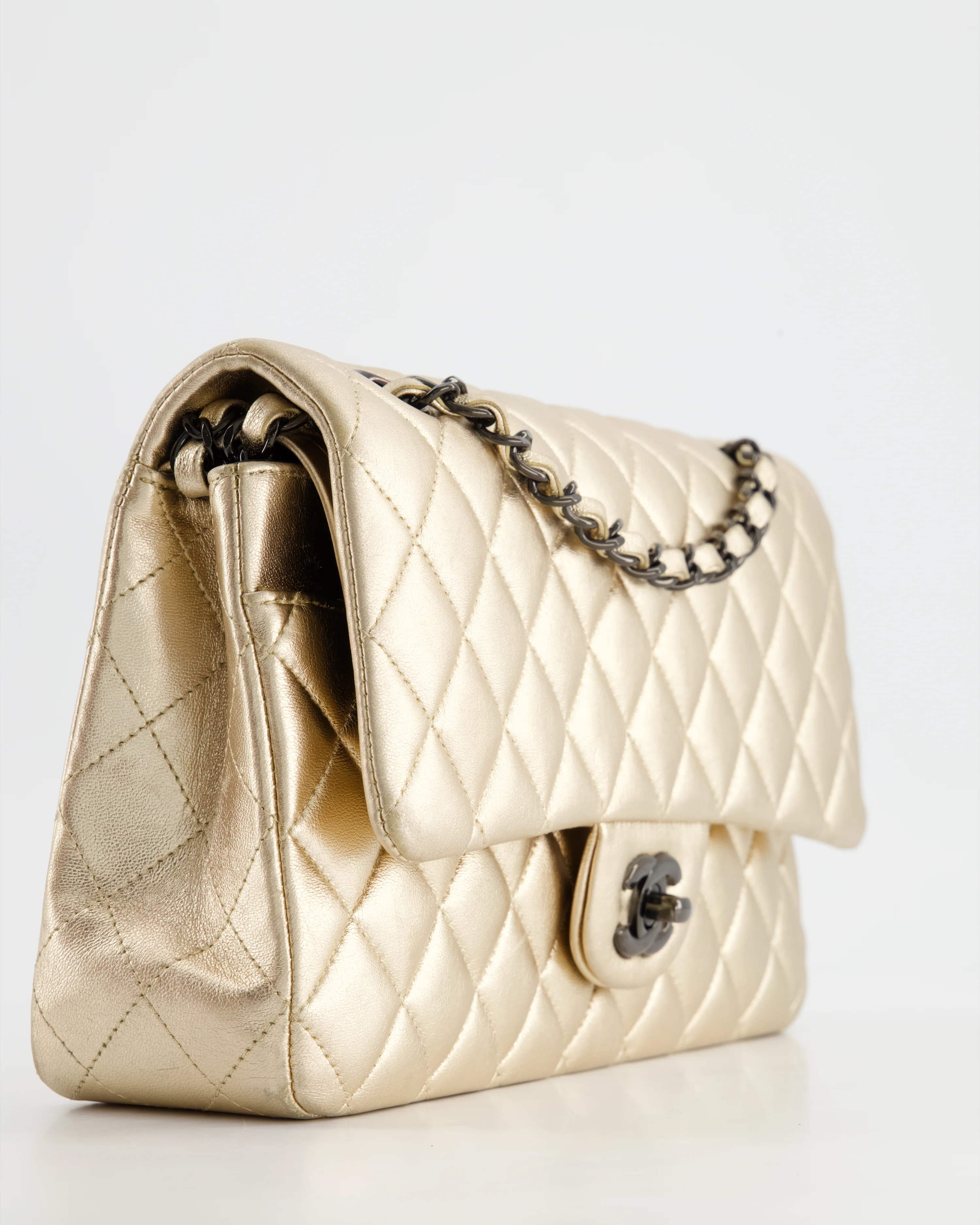 *SUPER RARE* Chanel Metallic Gold Medium Classic Double Flap Bag in Lambskin Leather with Black Hardware - Image 15