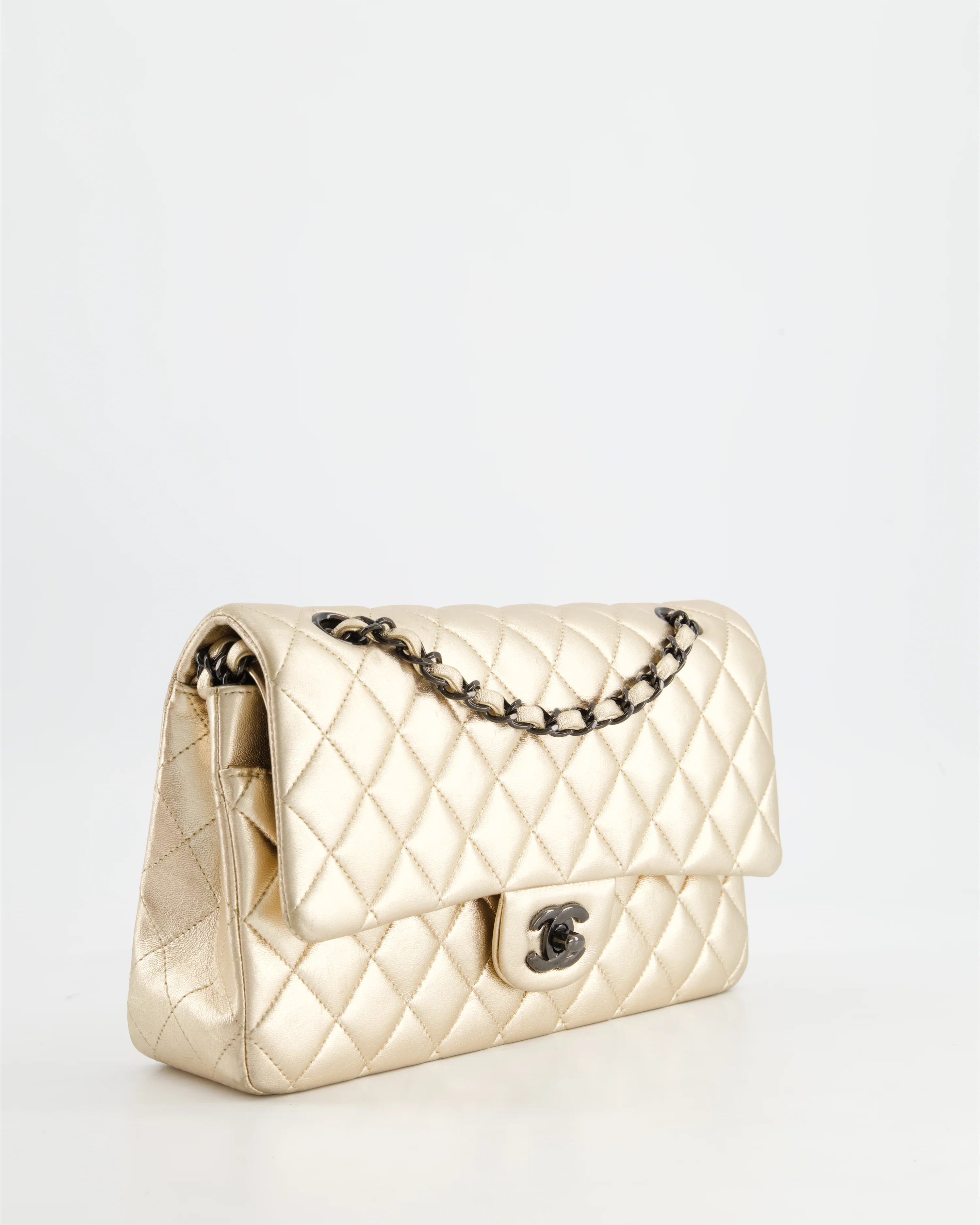 *SUPER RARE* Chanel Metallic Gold Medium Classic Double Flap Bag in Lambskin Leather with Black Hardware - Image 7
