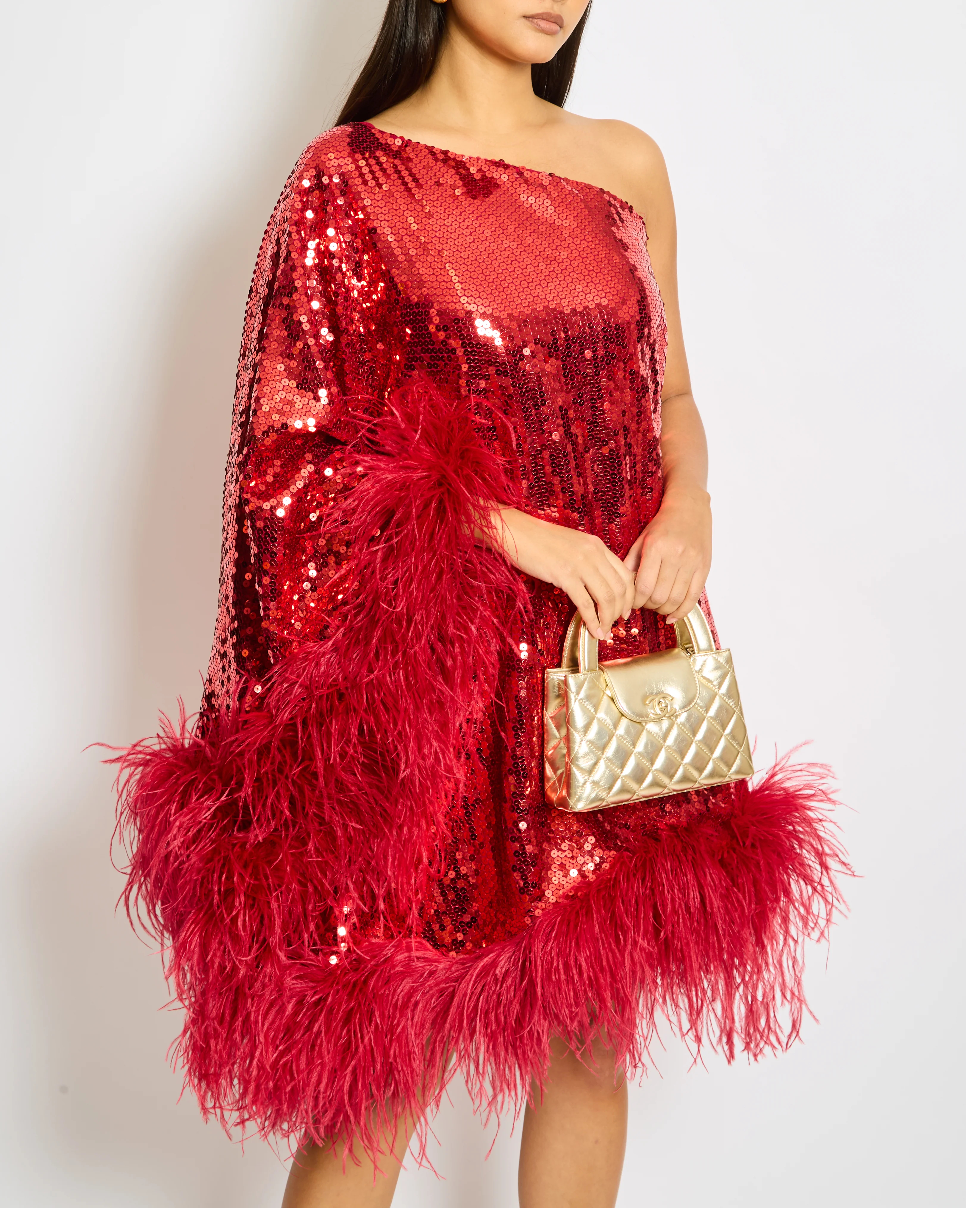 Taller Marmo Red Sequin One-Shoulder Midi Dress with Ostrich Fur Detail Size IT 44 (UK 12) - Image 2