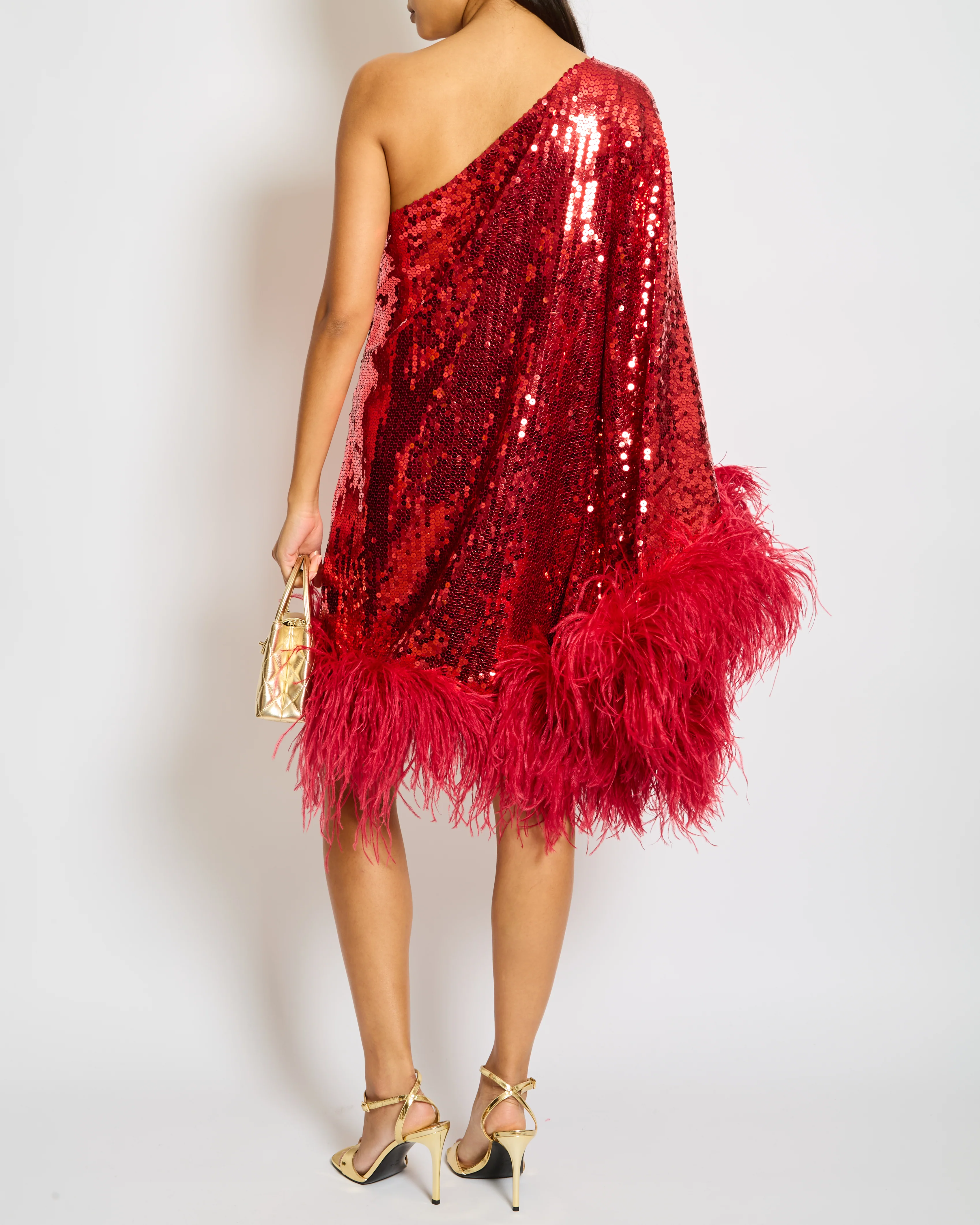 Taller Marmo Red Sequin One-Shoulder Midi Dress with Ostrich Fur Detail Size IT 44 (UK 12) - Image 4