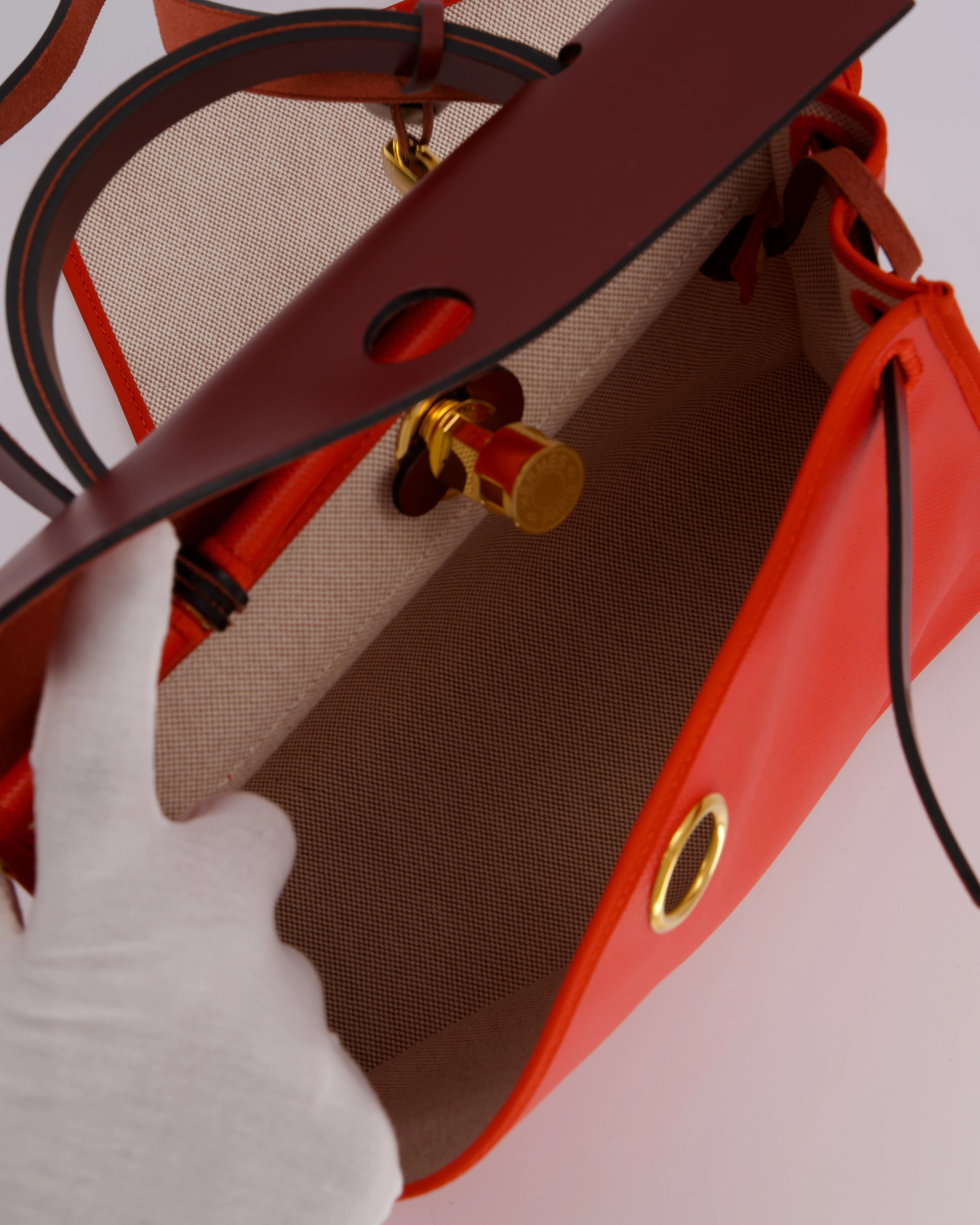 Hermès Herbag 31 in Orange Mecano Toile H Berline Coated Canvas and Rouge H Vache Hunter Leather with Gold Hardware - Image 11
