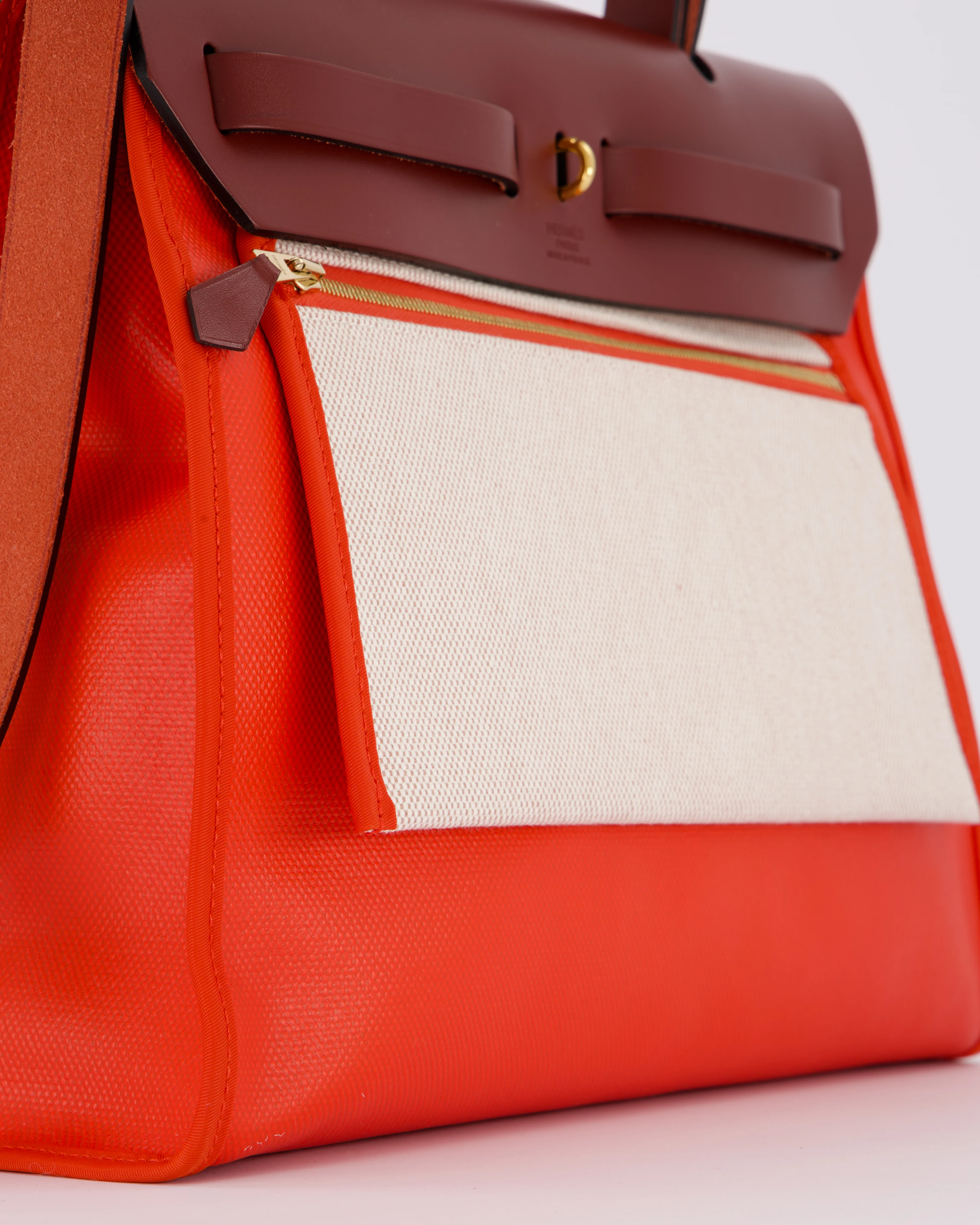 Hermès Herbag 31 in Orange Mecano Toile H Berline Coated Canvas and Rouge H Vache Hunter Leather with Gold Hardware - Image 16