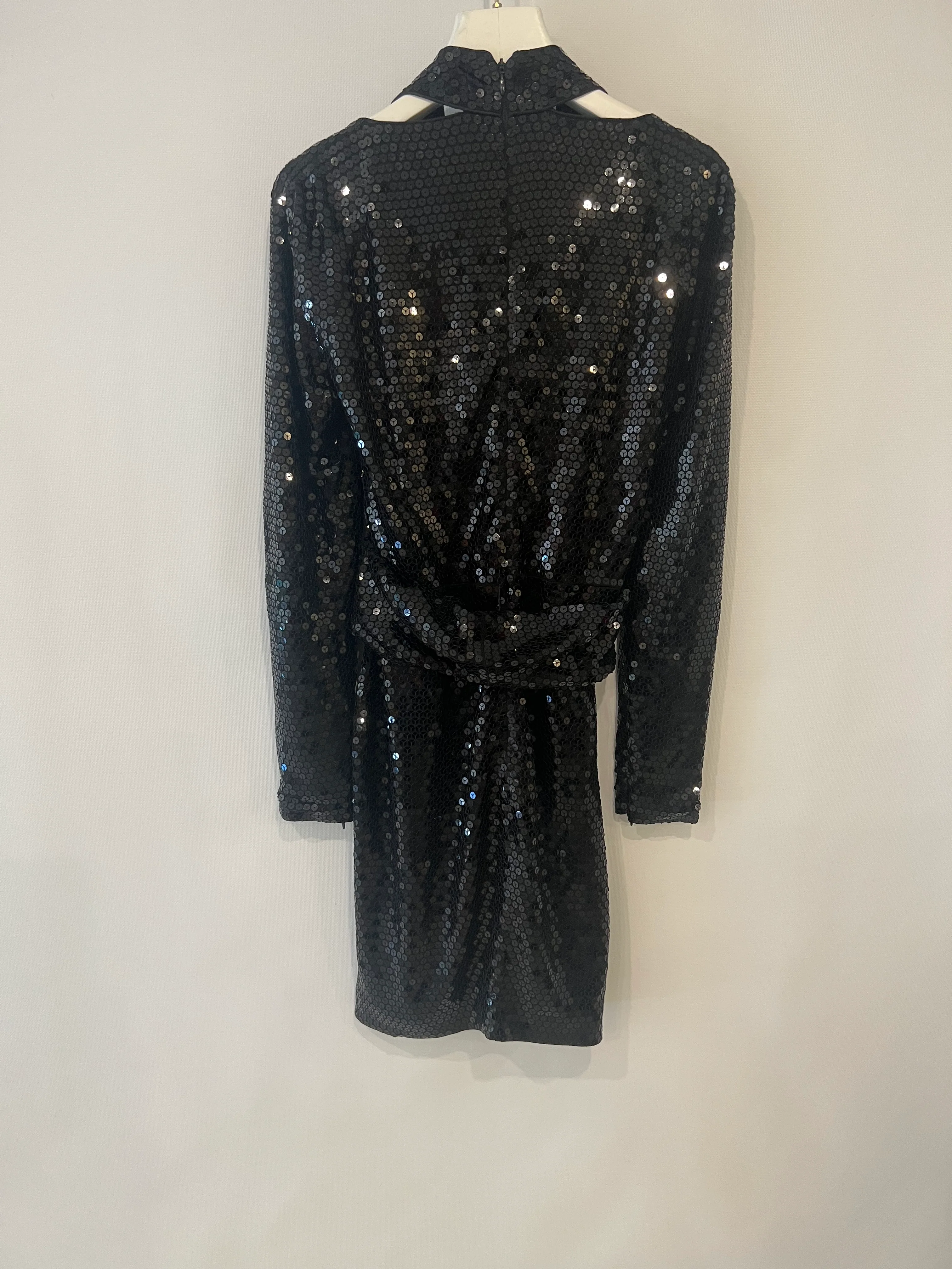 Tom Ford Black Sequin Embellished Mini Dress with Cut Outs and Draped Belt Detail Size IT 38 (UK 6) - Image 5