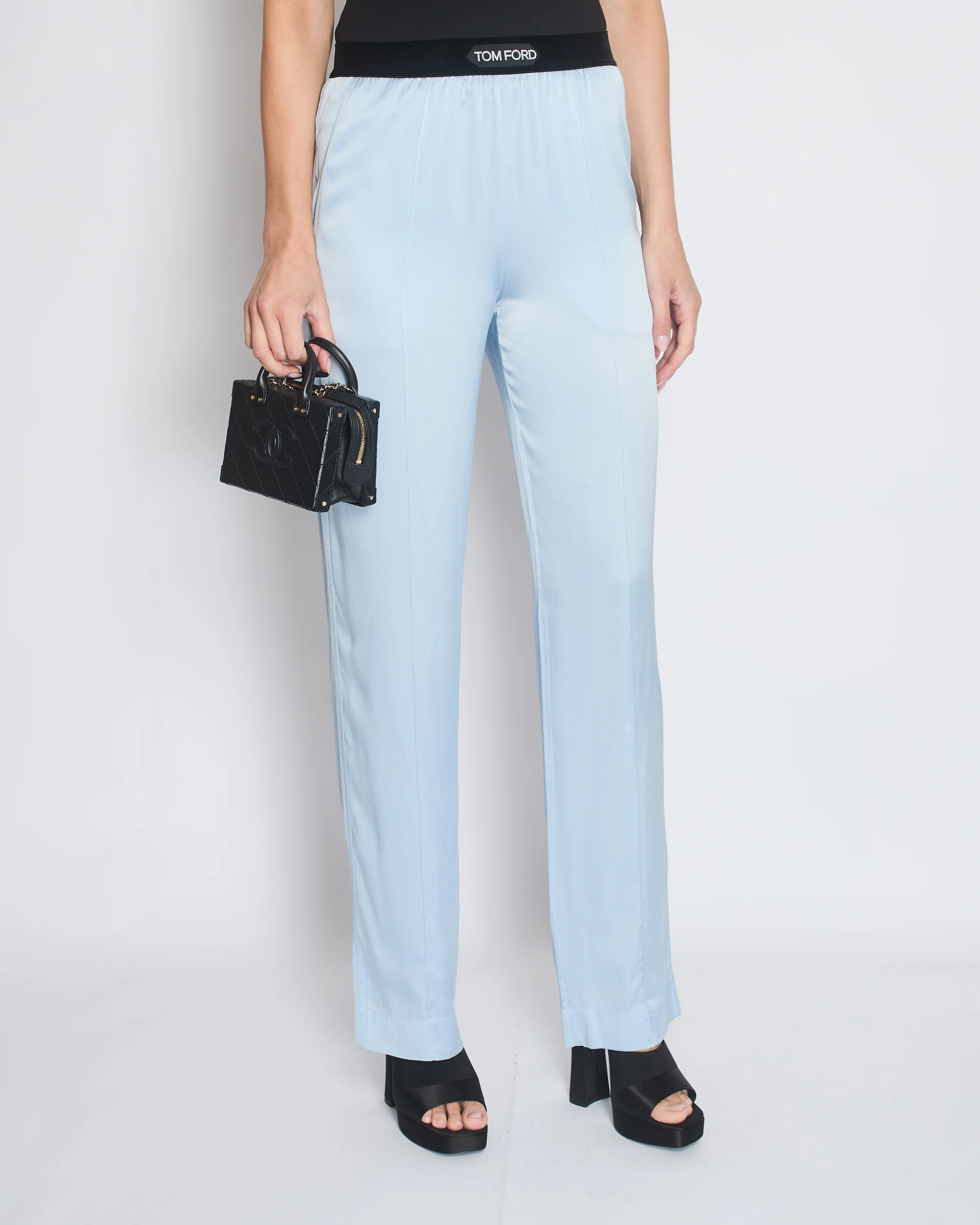 Tom Ford Blue Satin Silk Trousers with Velvet Elasticated Waist Size IT 40 (UK 8) - Image 2