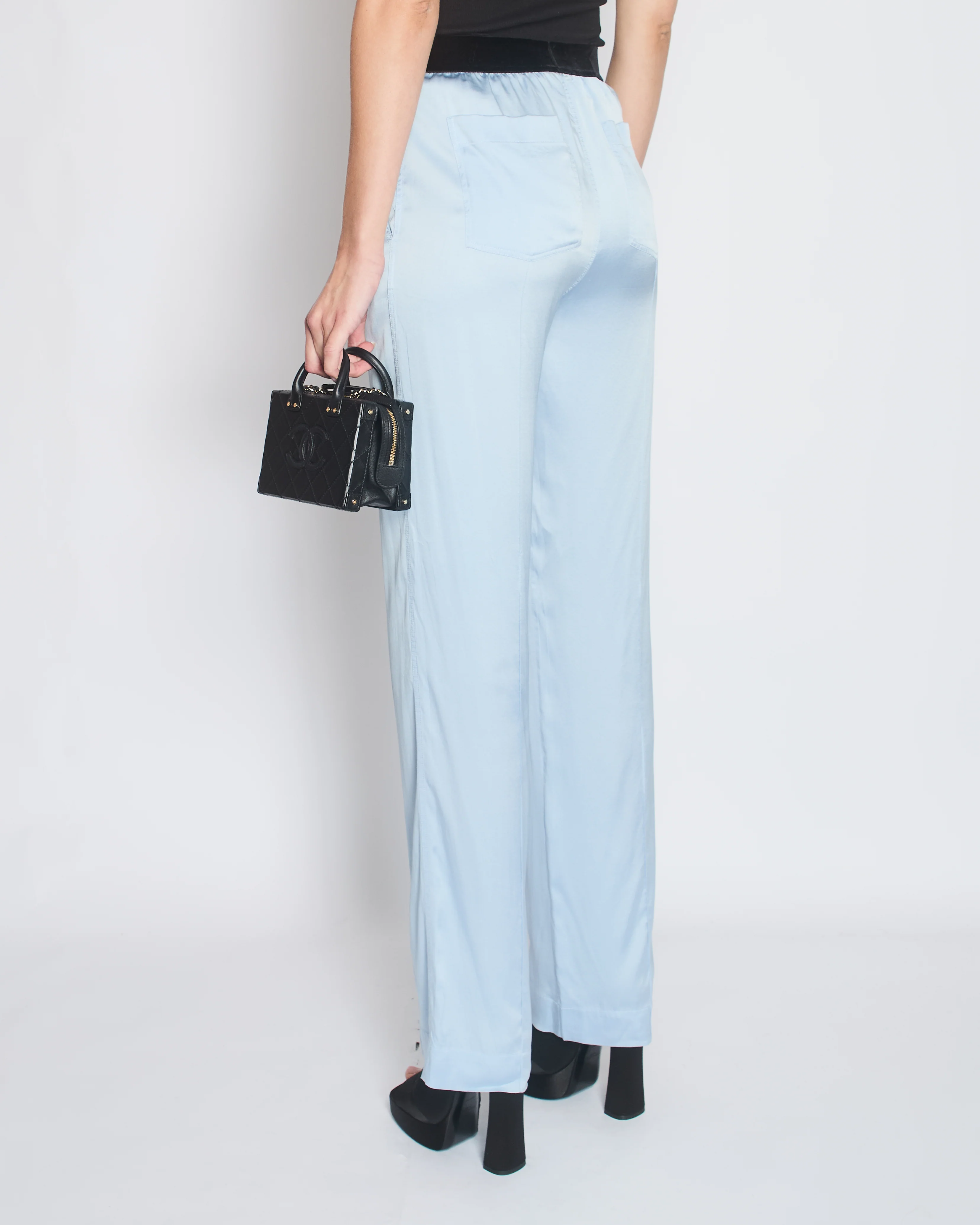 Tom Ford Blue Satin Silk Trousers with Velvet Elasticated Waist Size IT 40 (UK 8) - Image 4