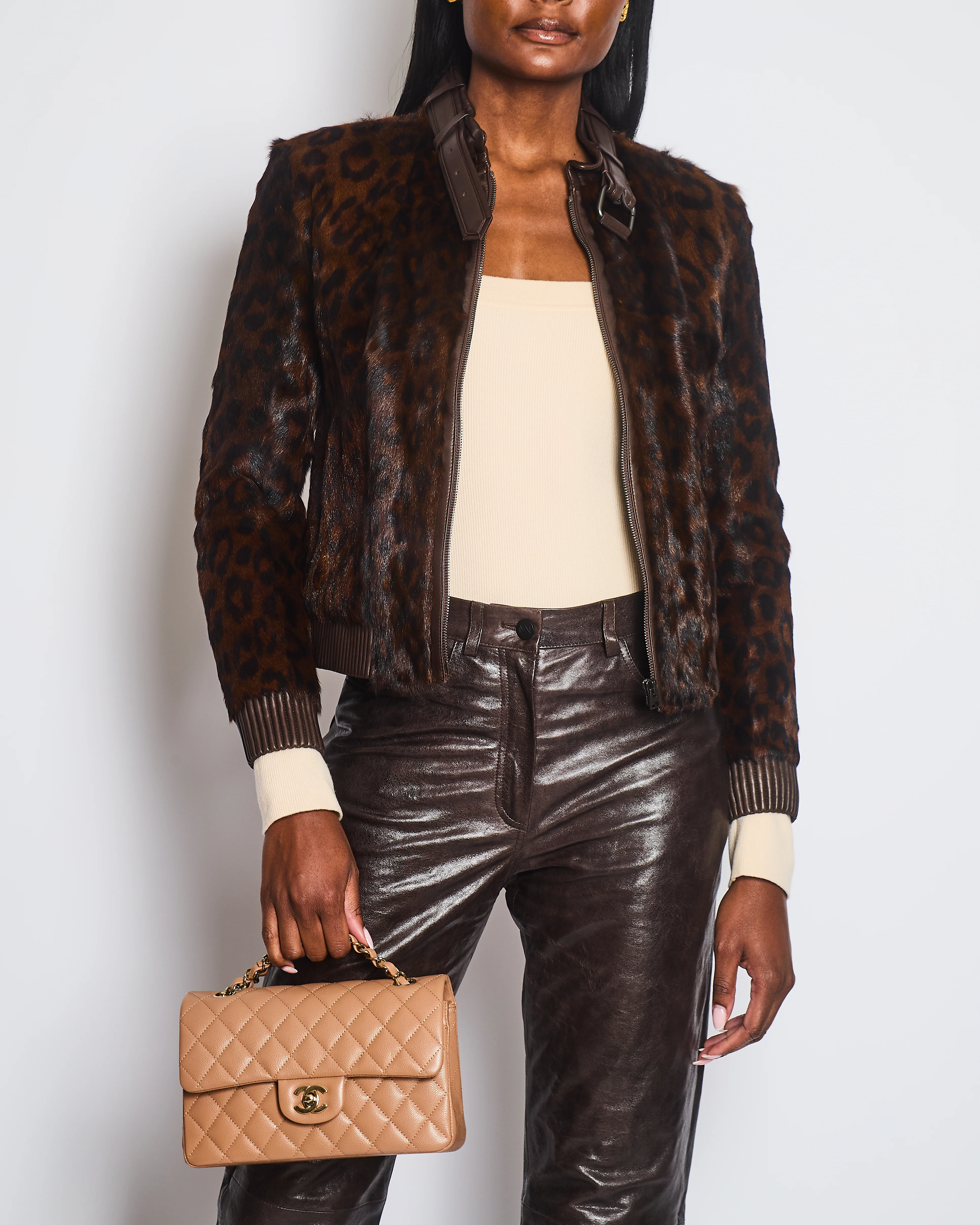 Tom Ford Chocolate Brown Leopard Print Fur Bomber Jacket with Leather Details Size FR 36 (UK 8)