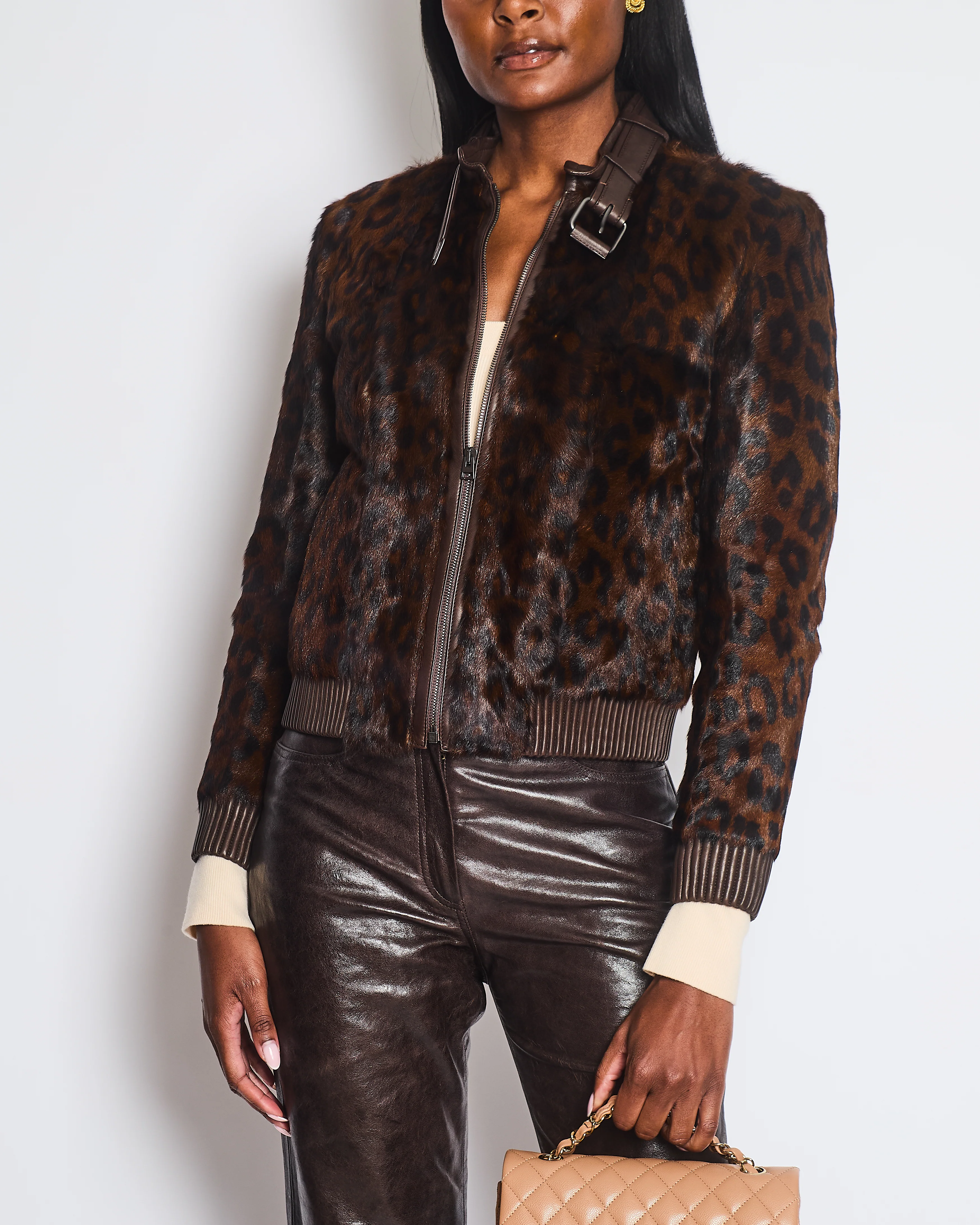 Tom Ford Chocolate Brown Leopard Print Fur Bomber Jacket with Leather Details Size FR 36 (UK 8) - Image 3