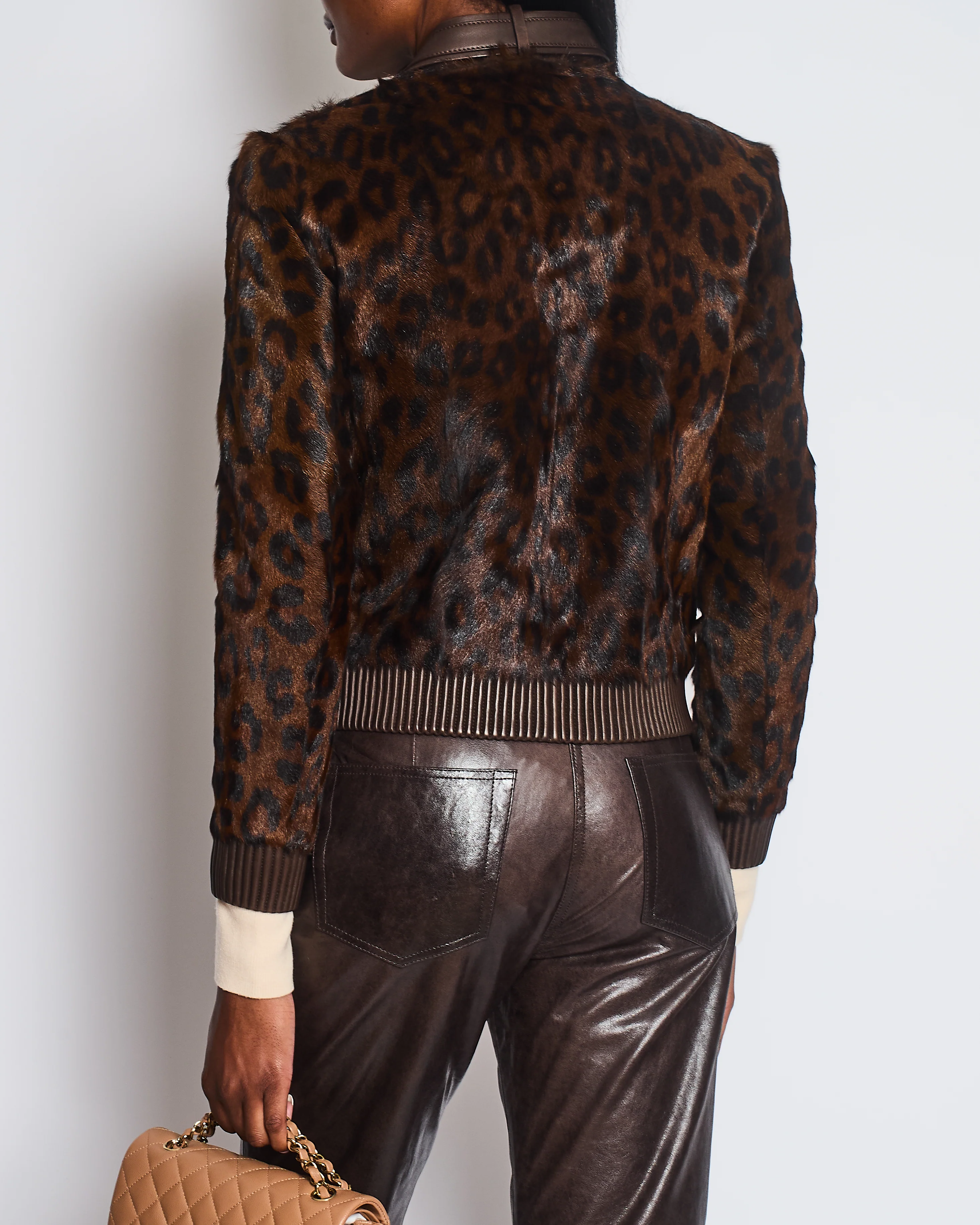 Tom Ford Chocolate Brown Leopard Print Fur Bomber Jacket with Leather Details Size FR 36 (UK 8) - Image 5