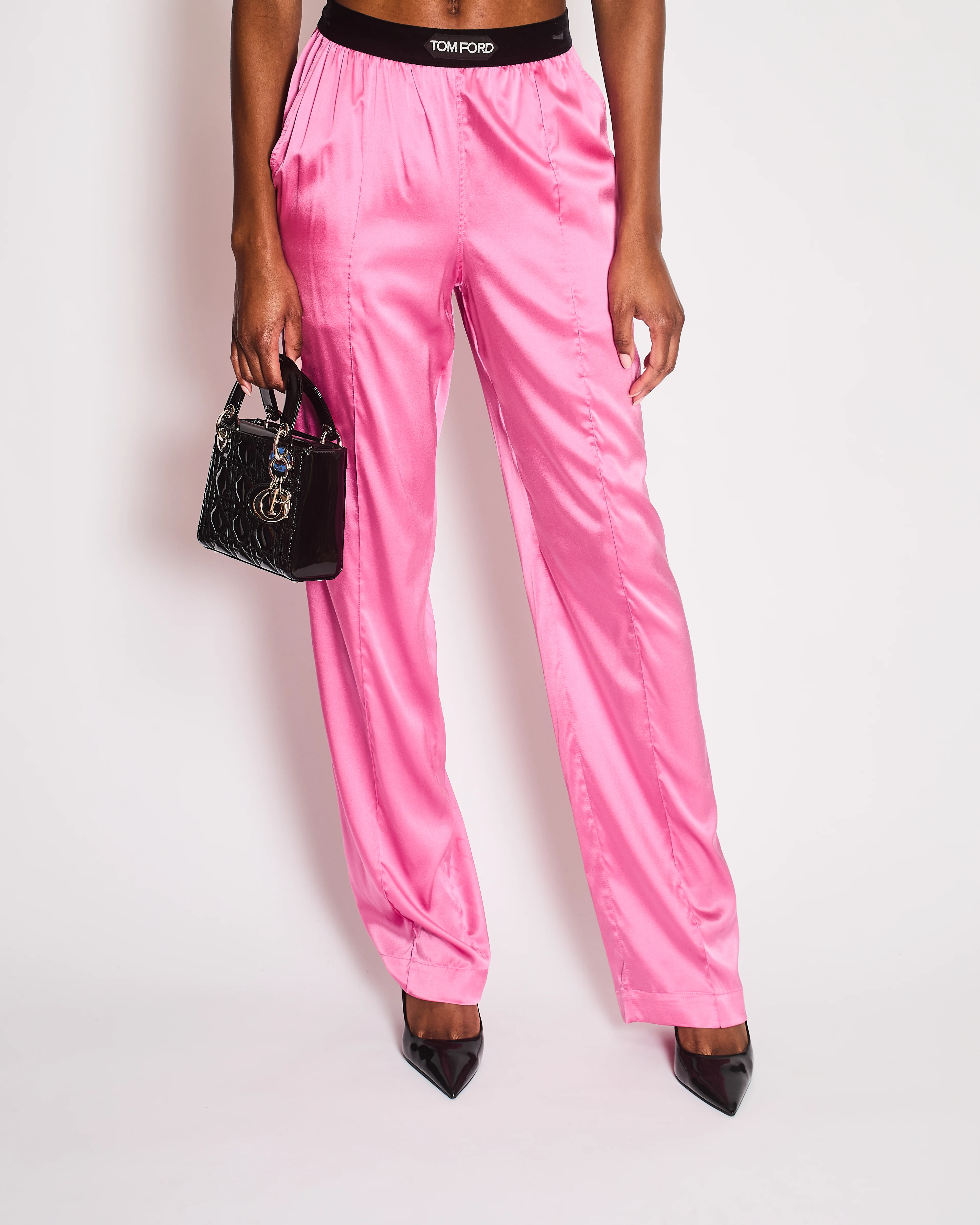 Tom Ford Fuchsia Silk Trousers with Logo Waist Detail Size S (UK 8)