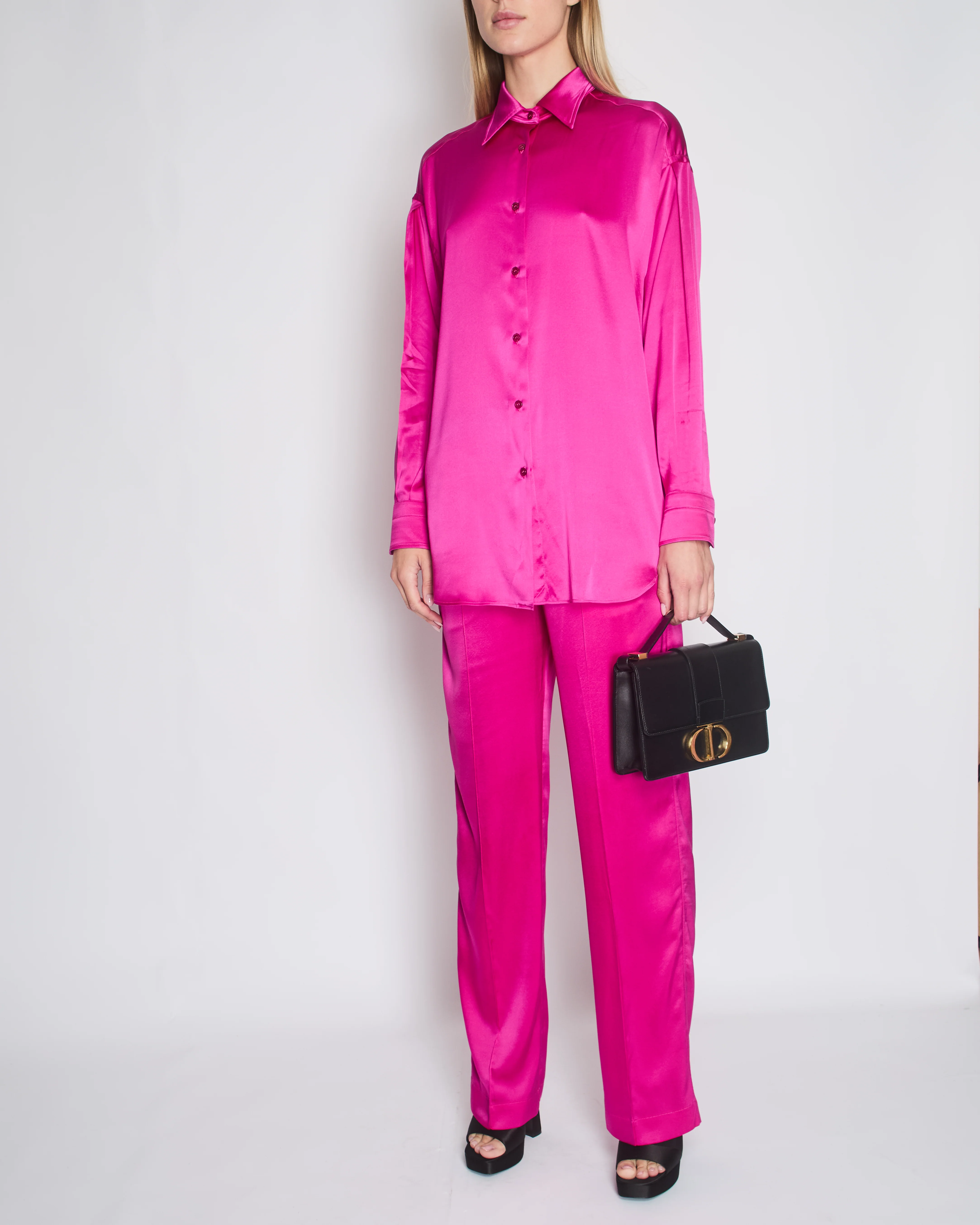 Tom Ford Fuschia Pink Oversized Silk-Blend Satin Blouse and Trouser Set with Velvet Elasticated Waistband Size IT 40 (UK 8) - Image 5