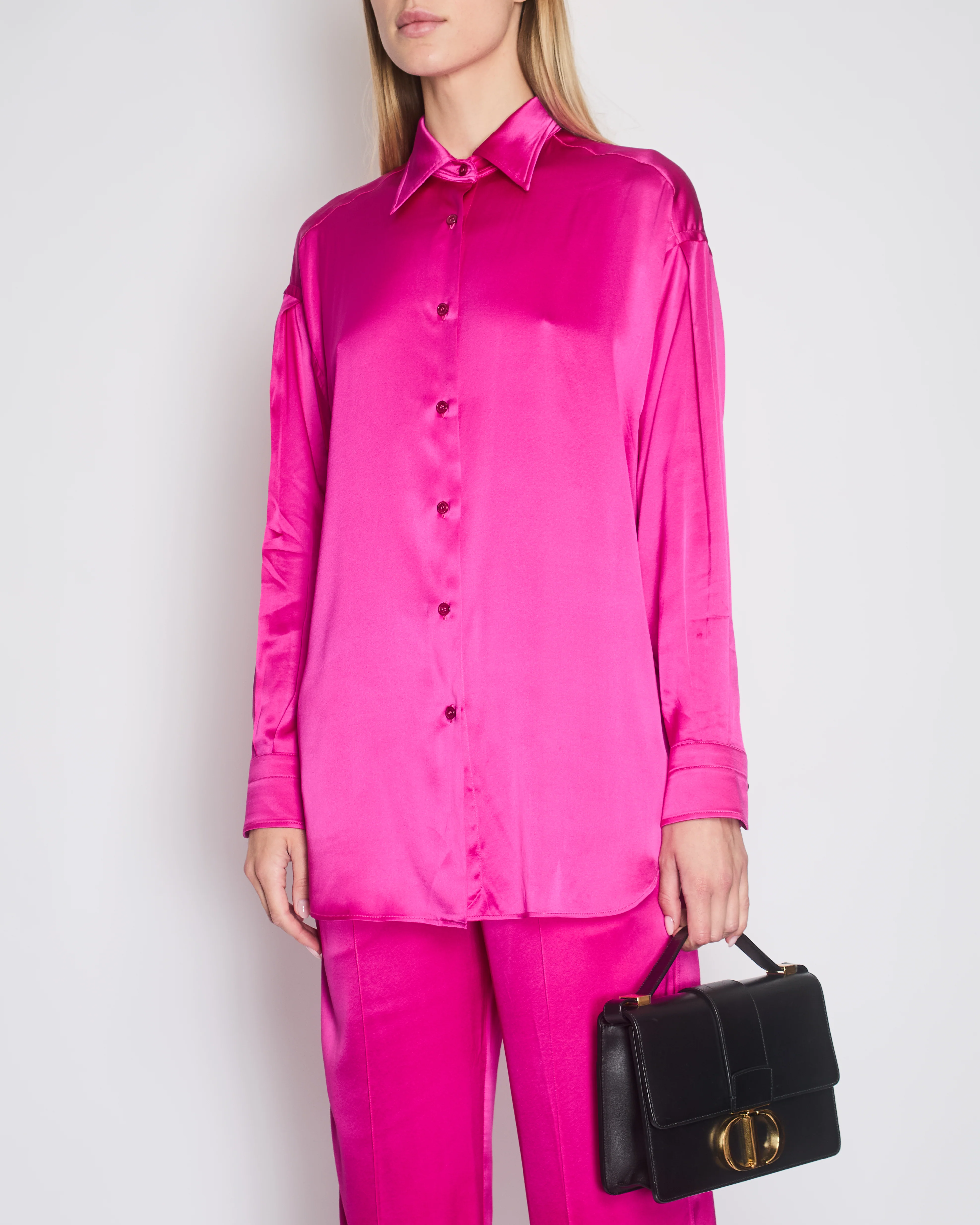 Tom Ford Fuschia Pink Oversized Silk-Blend Satin Blouse and Trouser Set with Velvet Elasticated Waistband Size IT 40 (UK 8) - Image 6