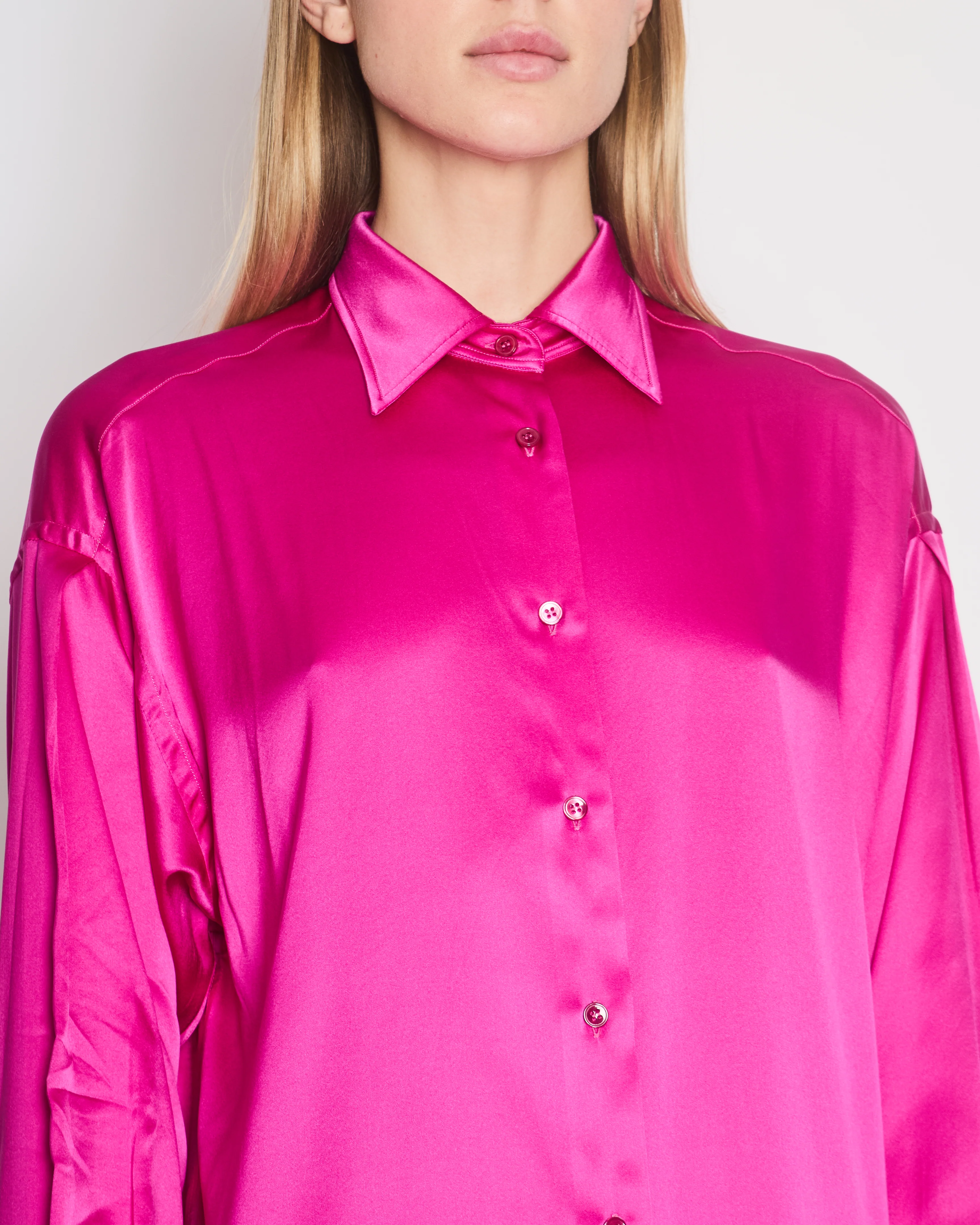 Tom Ford Fuschia Pink Oversized Silk-Blend Satin Blouse and Trouser Set with Velvet Elasticated Waistband Size IT 40 (UK 8) - Image 7
