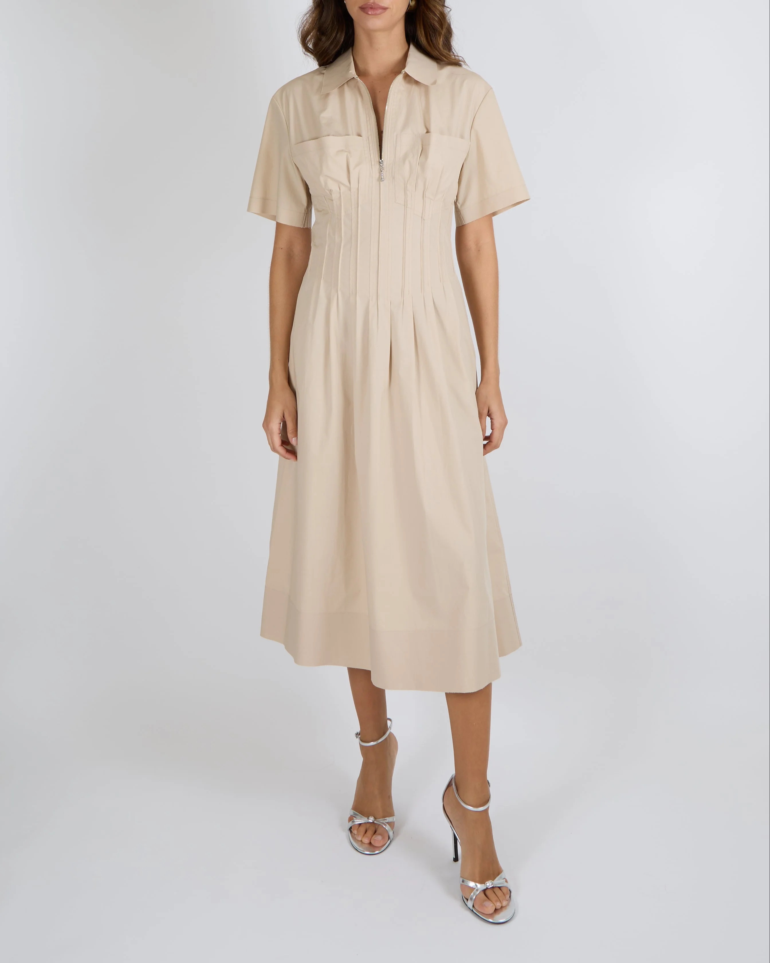Tory Burch Poplin Short-Sleeved Midi Dress in Dove Grey with Silver Zipper Detail Size US 6 (UK 10) RRP £590