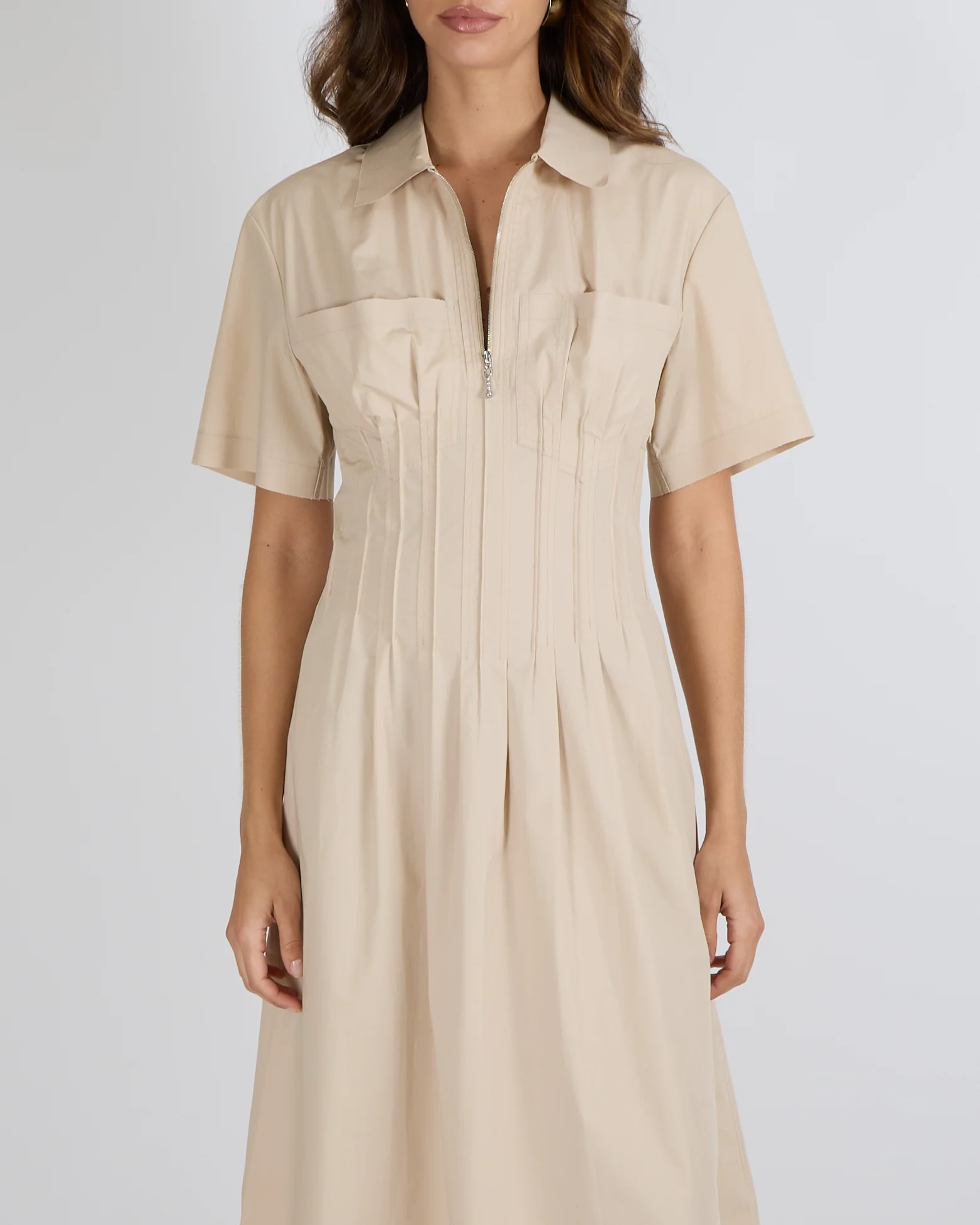 Tory Burch Poplin Short-Sleeved Midi Dress in Dove Grey with Silver Zipper Detail Size US 6 (UK 10) RRP £590 - Image 4