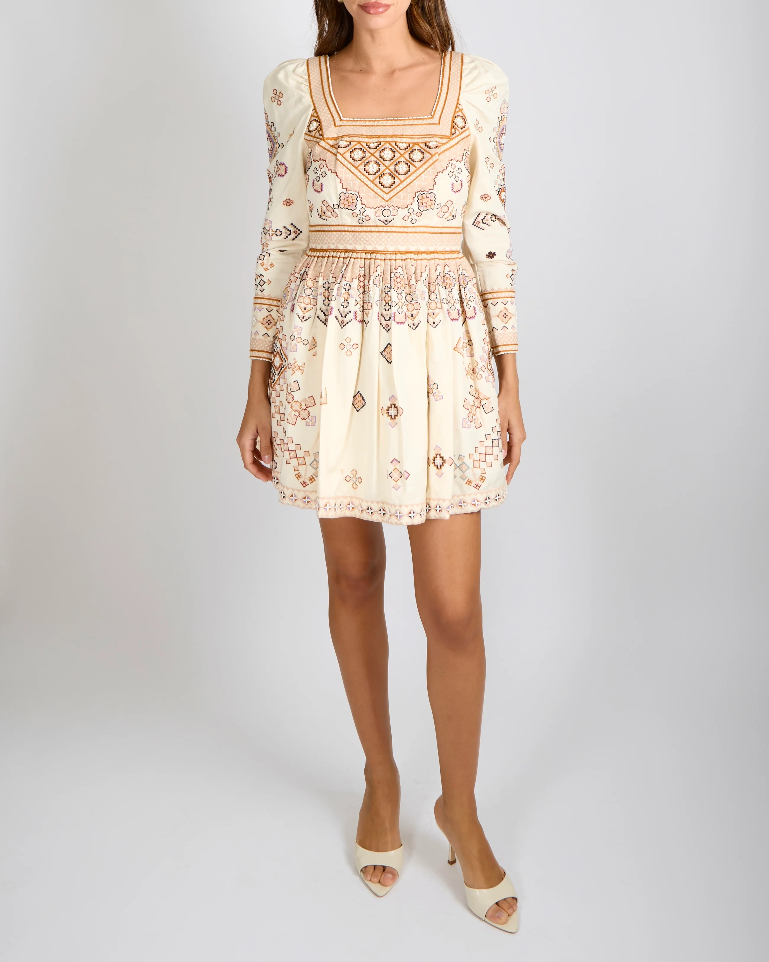 Ulla Johnson Cotton and Linen Blend Embroidered Adilah Mini Dress in Ochre Size 0 (UK 4-6)