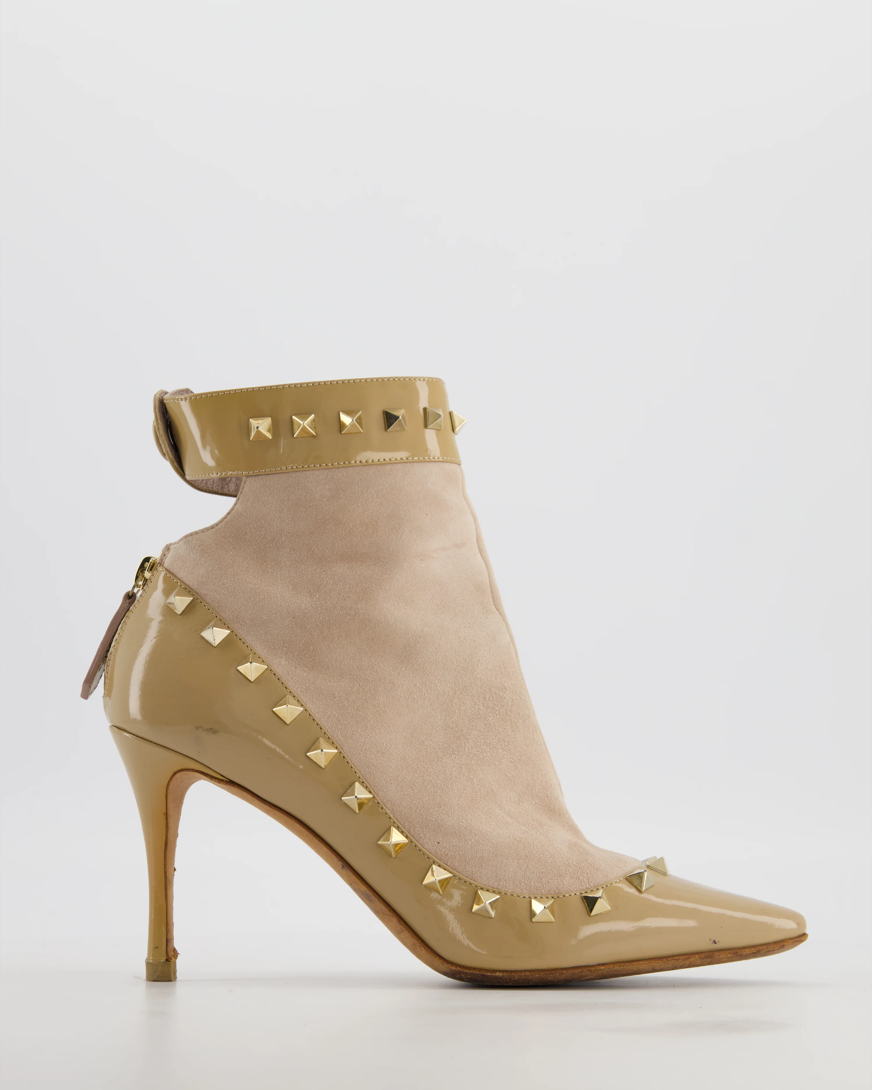 Valentino Beige Patent and Suede Rockstud Ankle Boots Shoes Size EU 38.5