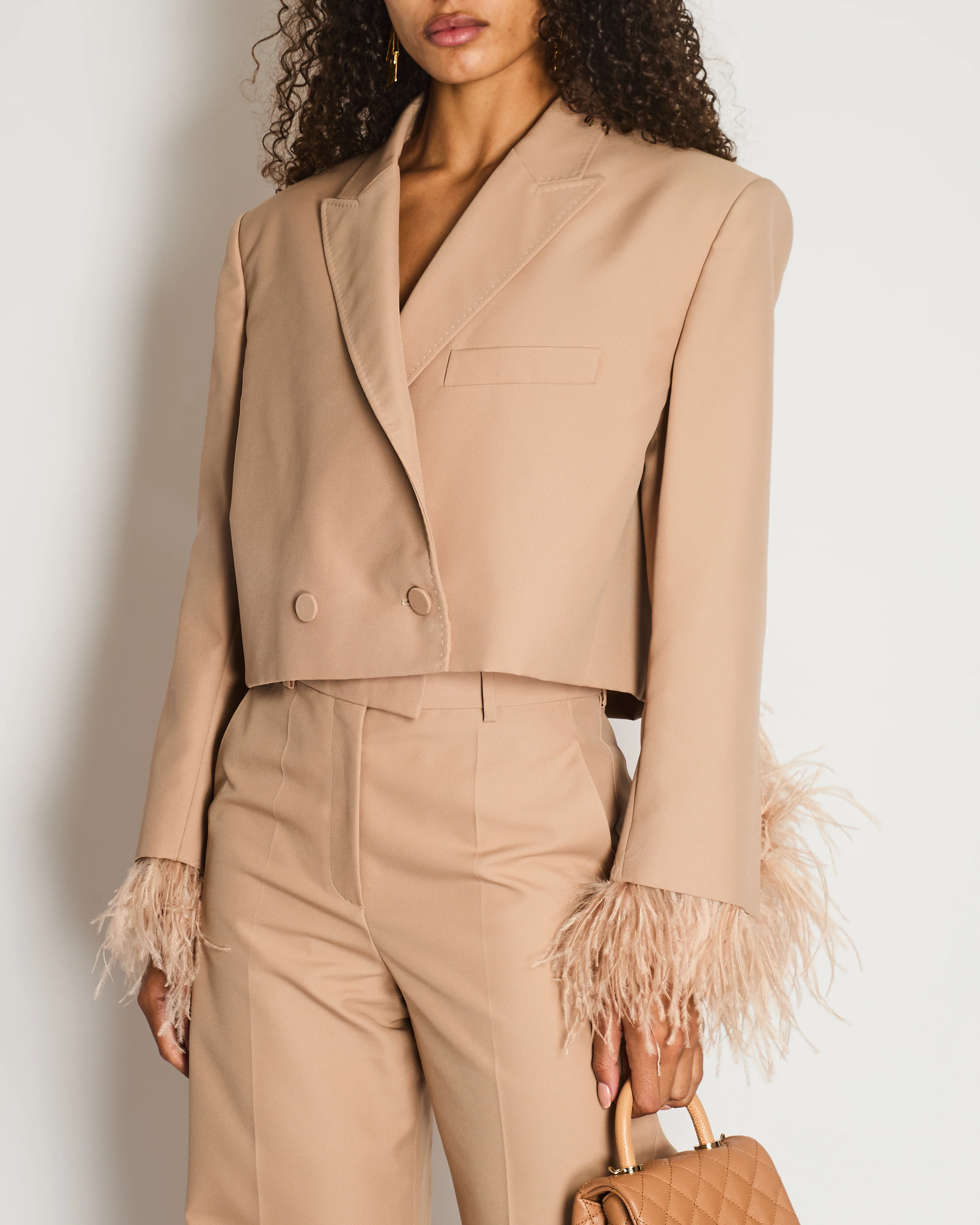 Valentino Beige Sand Feather Cuff Cropped Blazer and Trousers Set Size IT 42 (UK 10) - Image 2