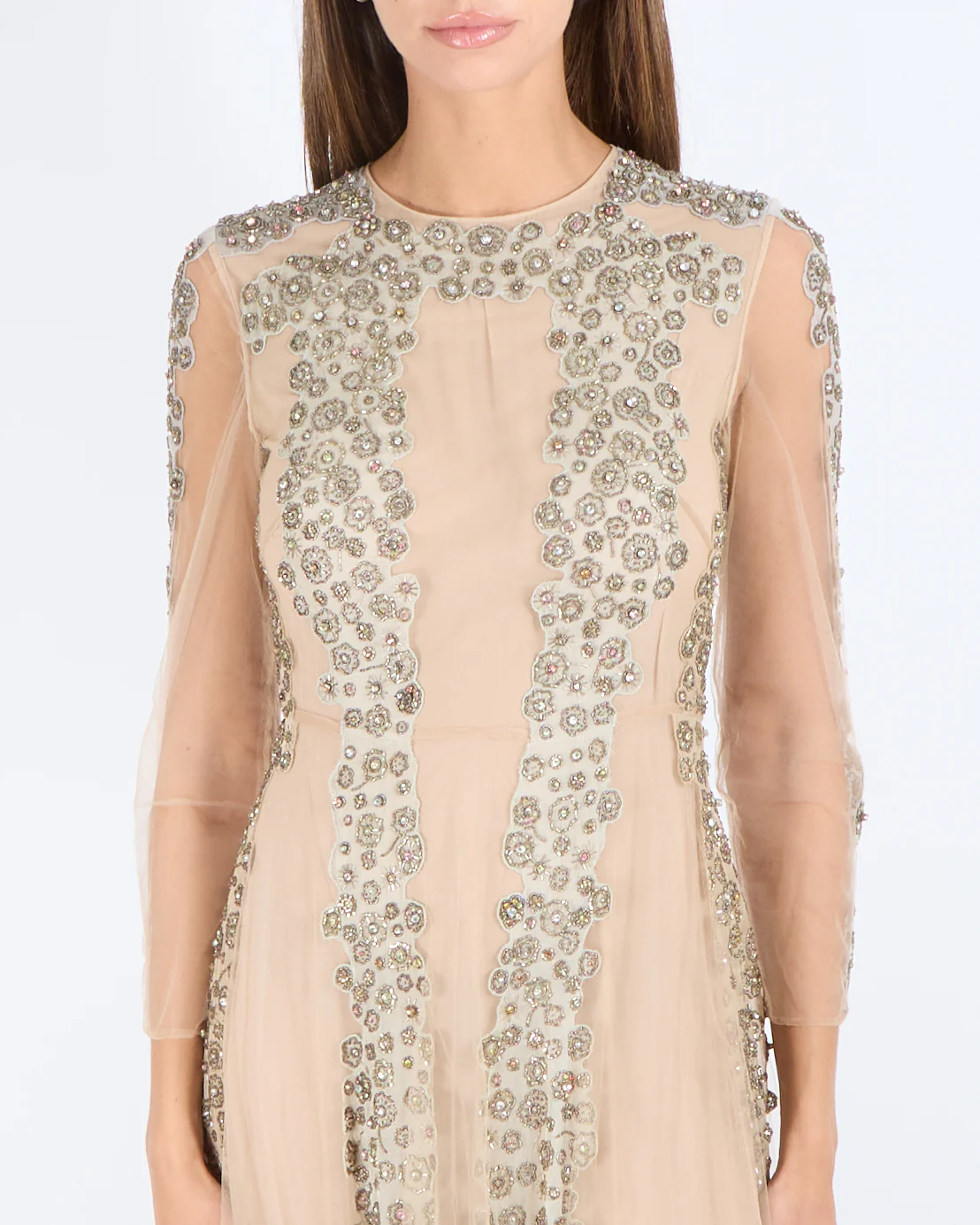 Valentino Beige Tulle Long-Sleeved Gown with Grey Panels and Silver and Multi-Colour Crystal Embellishments Size IT 38 (UK 6) - Image 2