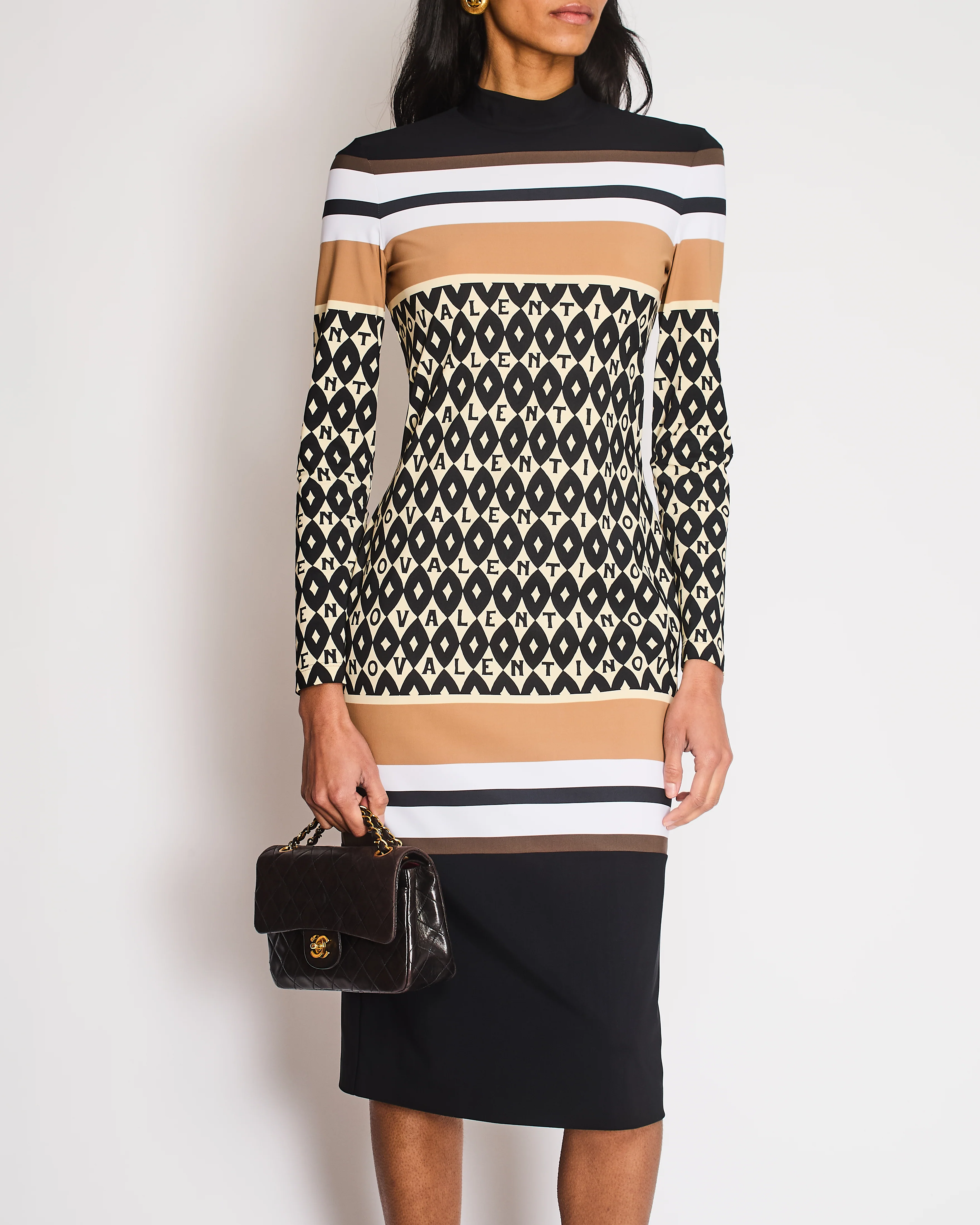 Valentino Black, Brown, and Cream Logo Pattern Striped Bodycon Midi Dress Size UK 8 - Image 2