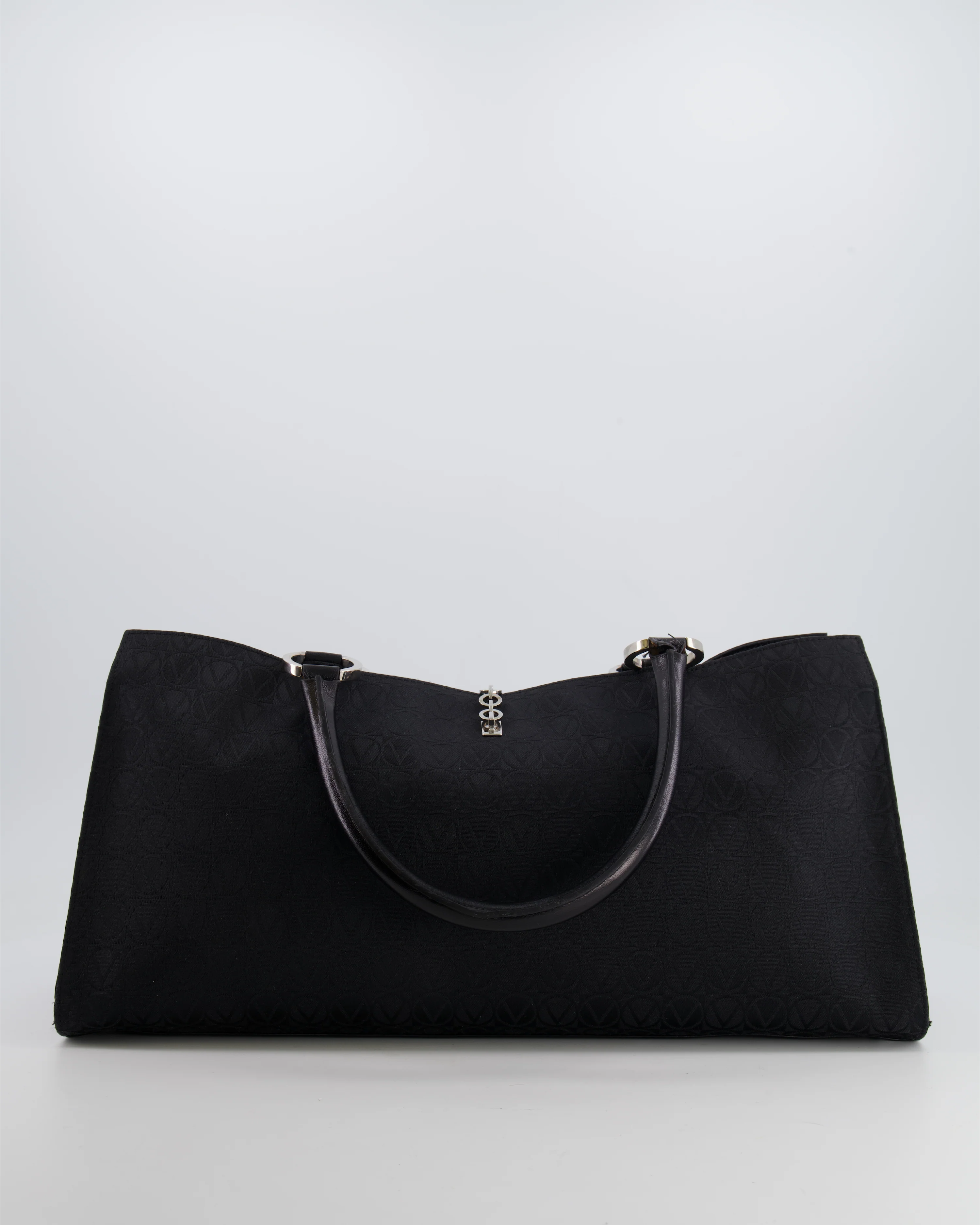 Valentino Black Monogram Canvas and Leather Tote Bag with VRing Logo - Image 9