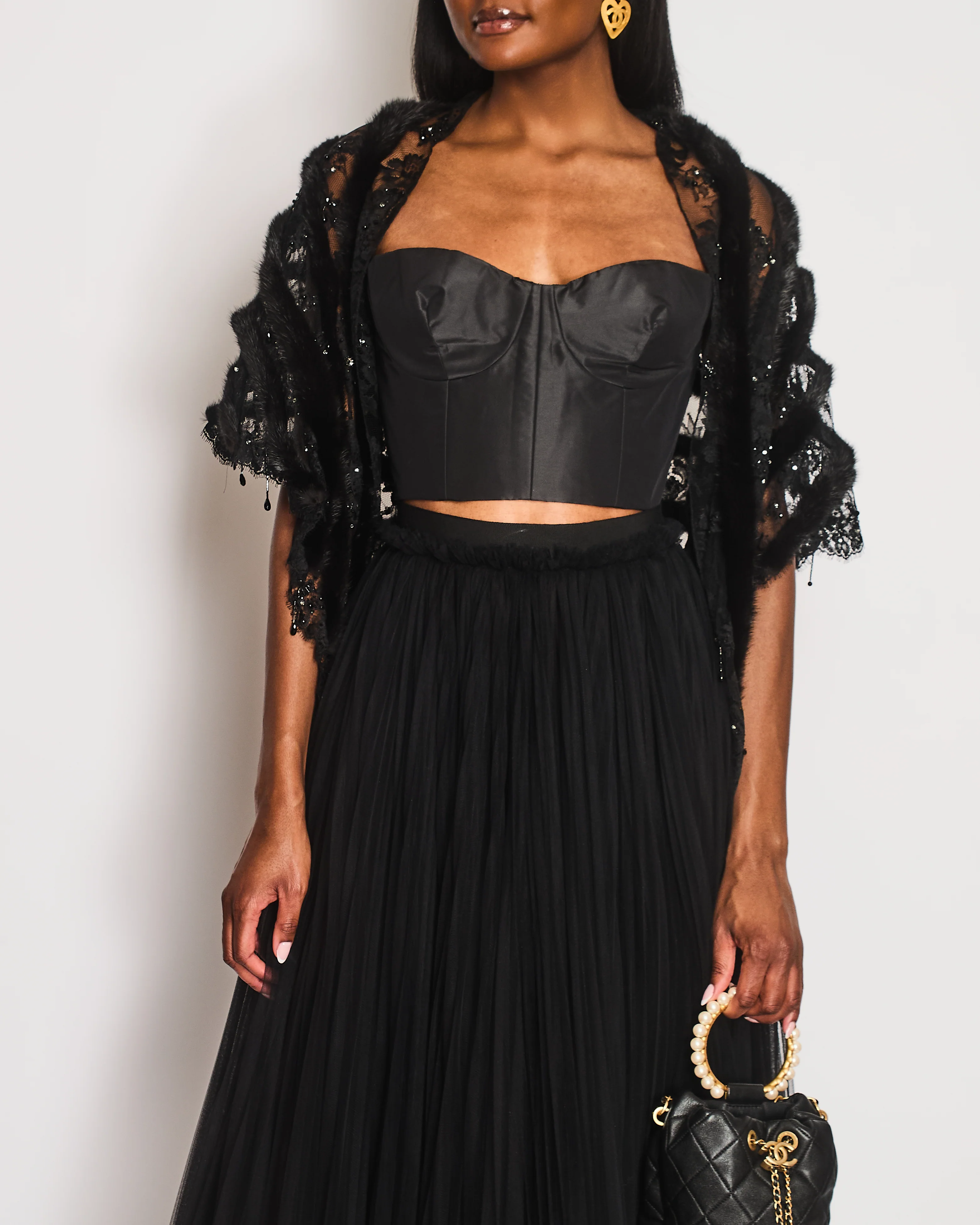 Valentino Black Lace and Mink Sleeveless Beaded Stripe Shawl Size One Size RRP £2,300 - Image 2