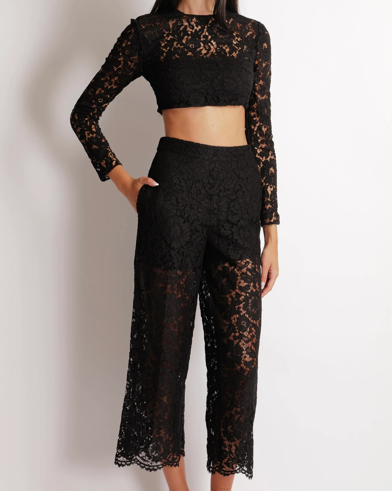 Valentino Black Lace Long-Sleeved Crop Top and Wide Trousers Set Size 40 (UK 8) - Image 2